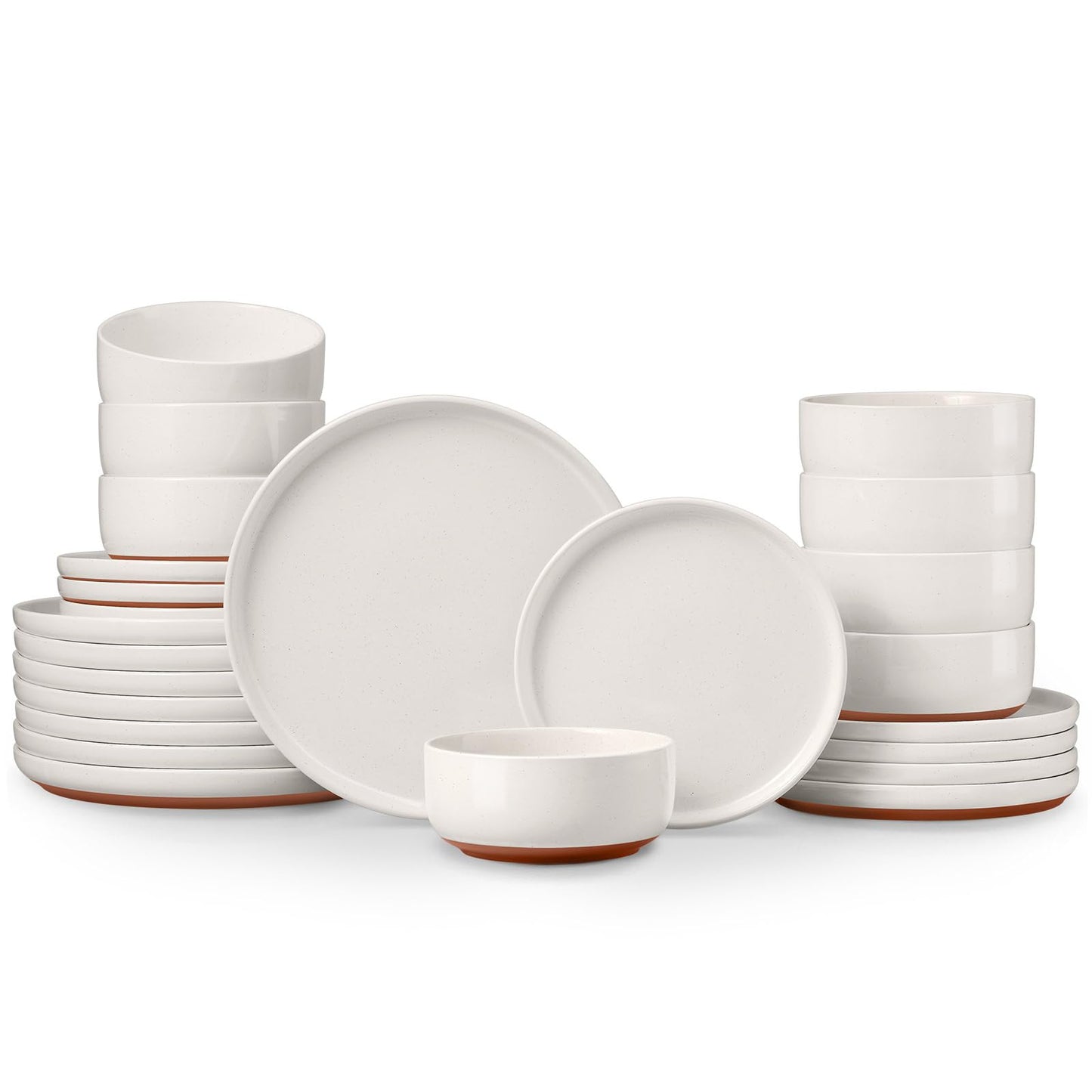 E-far 12-Piece Stoneware Dinnerware Sets, Plates and Bowls Sets for 4, Ceramic Dishware Dishes Set with Terracotta Base, Chip & Scratch Resistant, Microwave & Dishwasher Safe, Speckled White
