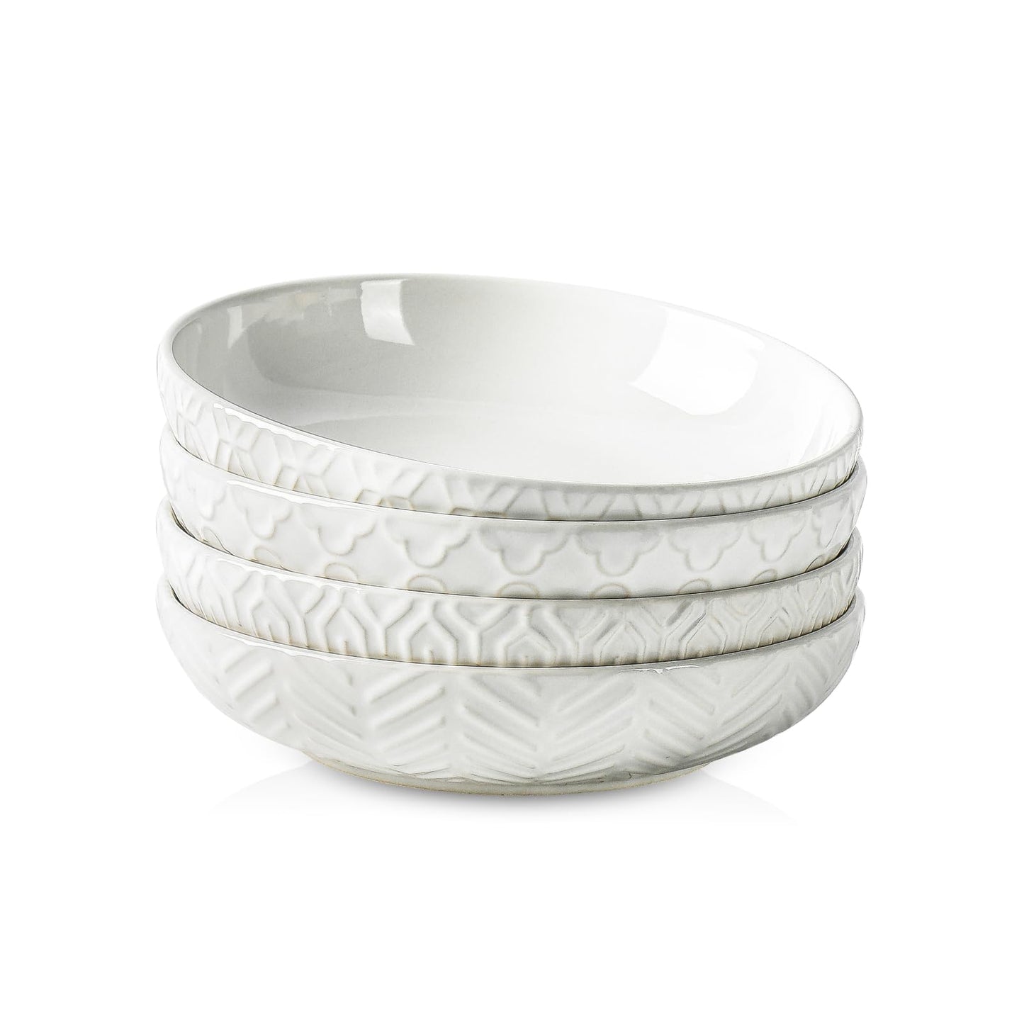 Sureasy Pasta Bowls Set of 4, 30oz Large Ceramic Embossed Bowl Plates, 8.5 Inch Wide and Shallow Plate Bowls, Salad Bowl, Microwave, Oven & Dishwasher Safe, White