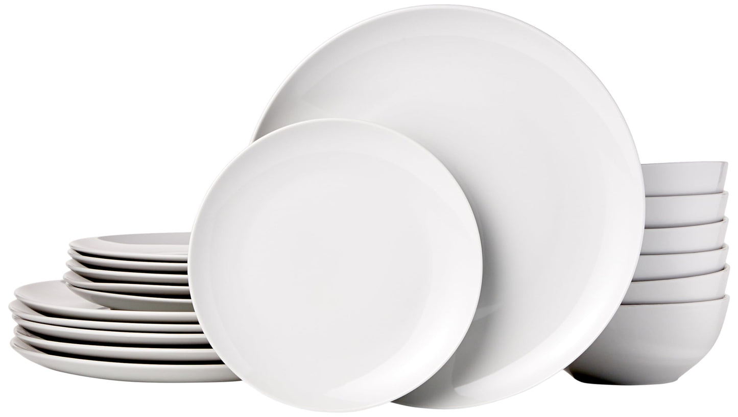 Amazon Basics 18-Piece Complete Kitchen Dinnerware Set, Microwave and Dishwasher Safe, Plates, Dishes, Bowls for Everyday Use, Service for 6, White Porcelain Coupe
