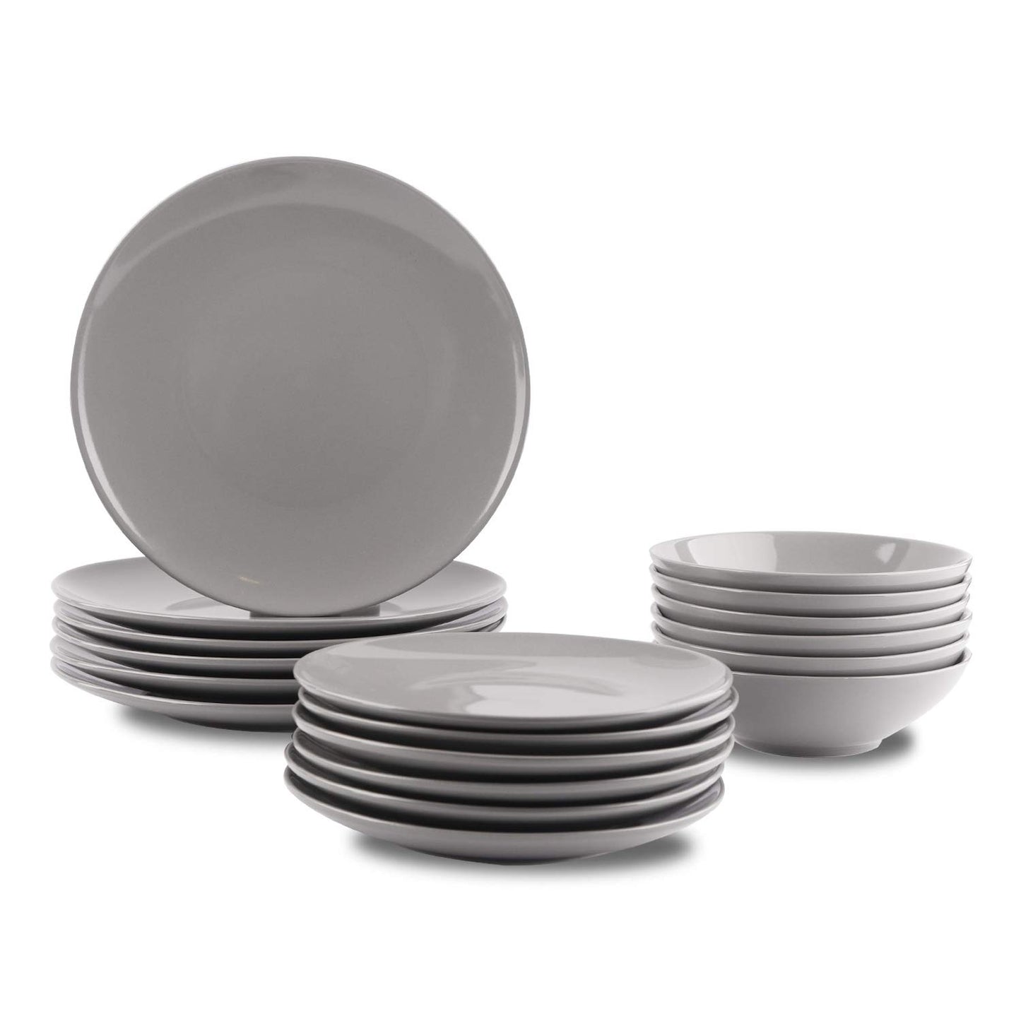 Amazon Basics 18-Piece Stoneware Dinnerware Set, Service for 6, Microwave and Dishwasher Safe, Plates and Bowls for Everyday Use, Smokey Grey