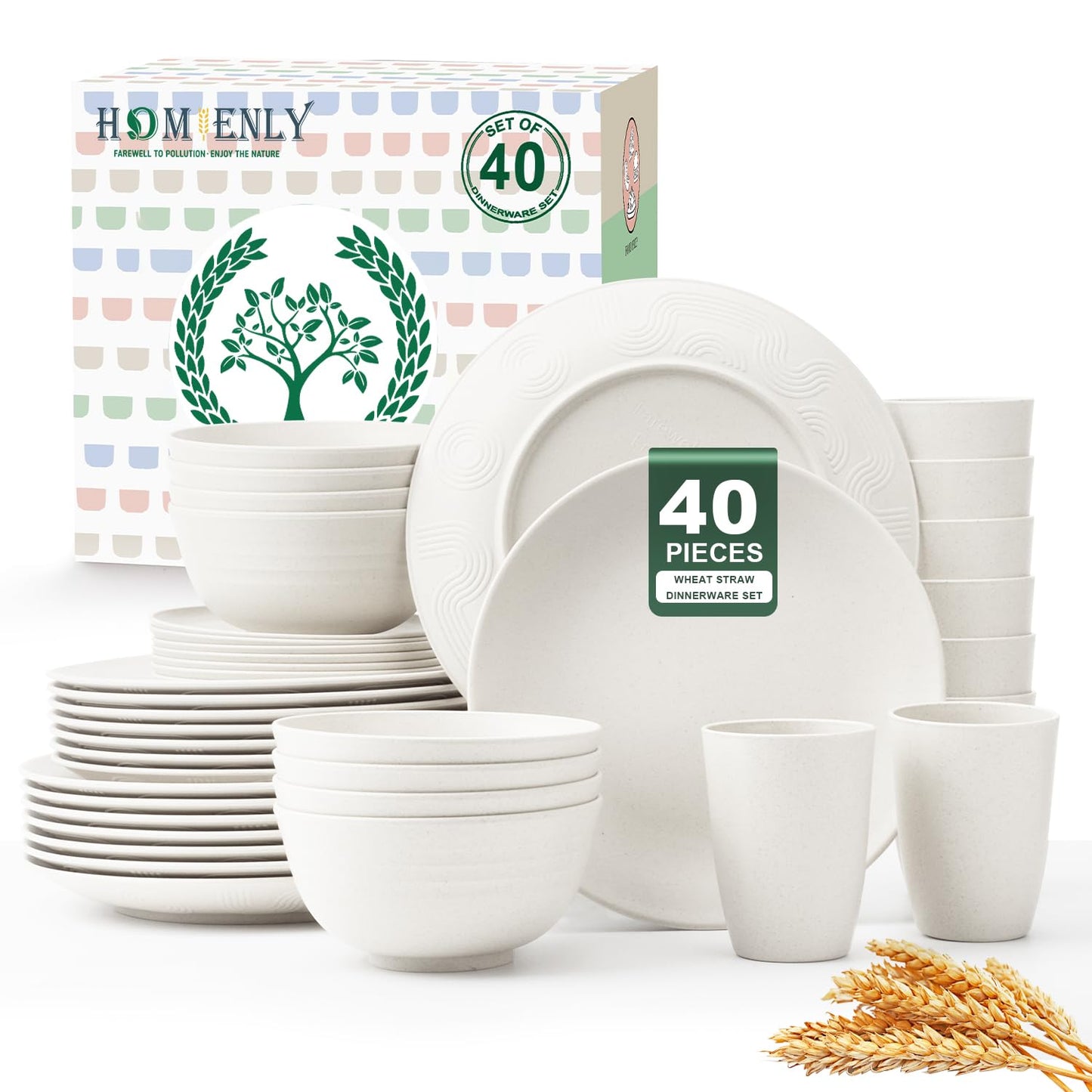 Homienly 40-Piece Premium Wheat Straw Dinnerware Sets, Service for 8, Unbreakable Plates and Bowls Set - Cups Sets, Dinner Plates, Bowls for Kitchen,Dishwasher and Microwave Safe Dishes Set - Multi