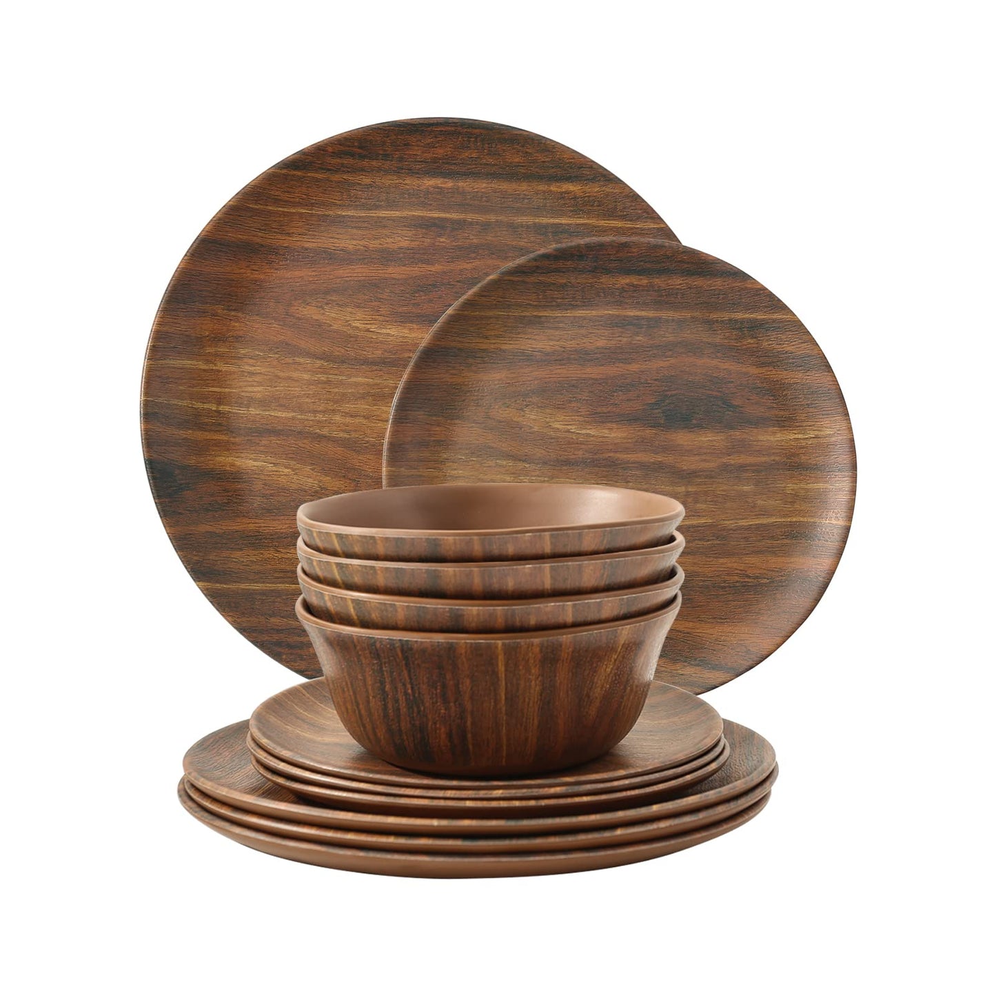 TP 12-Piece Melamine Dinnerware Sets, Plates and Bowls Dishes Set for 4, Break-Resistant & Non-Microwavable, Lightweight Dinner Plates, Wood Grain