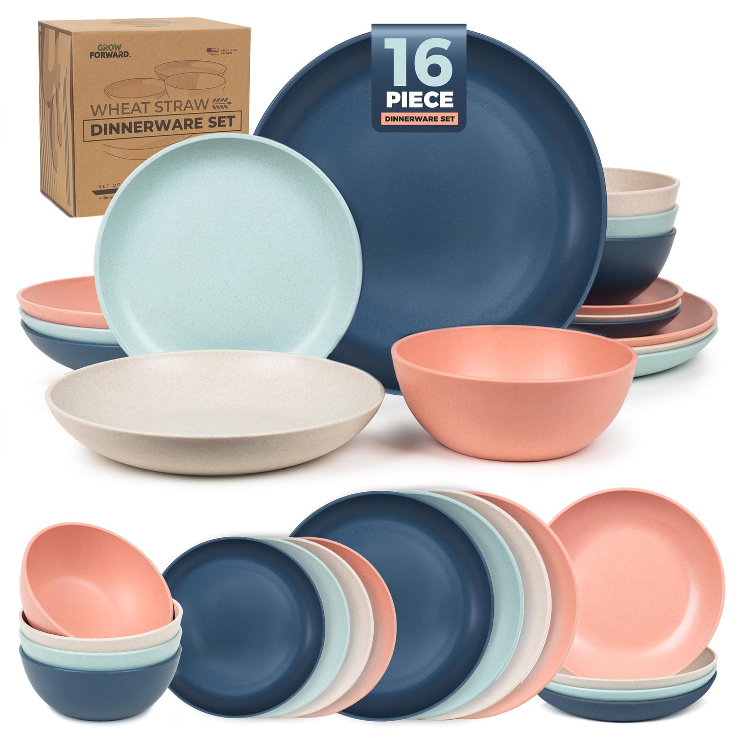 Grow Forward 16-piece Premium Wheat Straw Dinnerware Sets for 4 - Unbreakable Dishwasher & Microwave Safe Plastic Plates and Bowls Sets - Patio, Outdoors, RV, Camping Dishes - Sahara