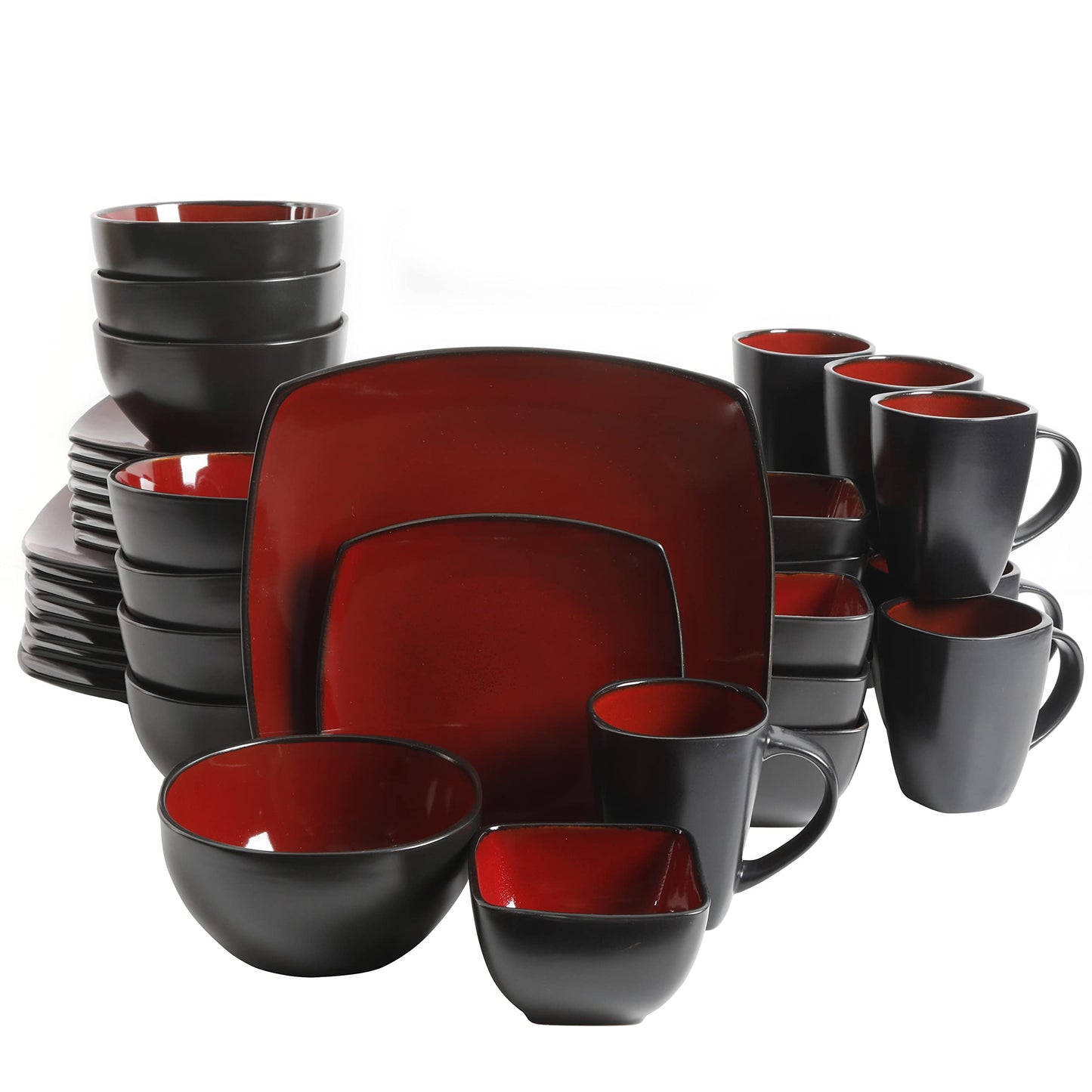 Gibson Elite Soho Lounge Square 16-Piece Dinnerware Set, Service for 4, Reactive Glaze Stoneware Plates and Bowls, Modern Dishes, Microwave & Dishwasher Safe – Red and Black