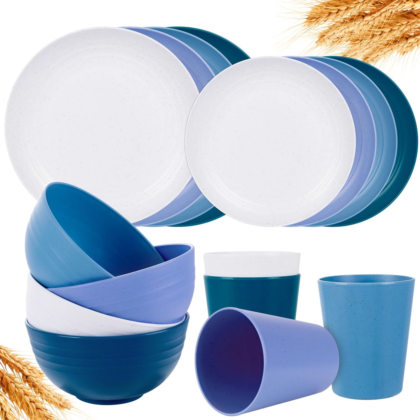 Rubtlamp 16Pcs Plastic Wheat Straw Dinnerware Set, Reusable Plastic Plate Set for 4, Kitchen Plates And Bowls Set (Pink) Include Dinner Platos, Dessert Platos, Cereal Bowls, Cups for Daily, Camping