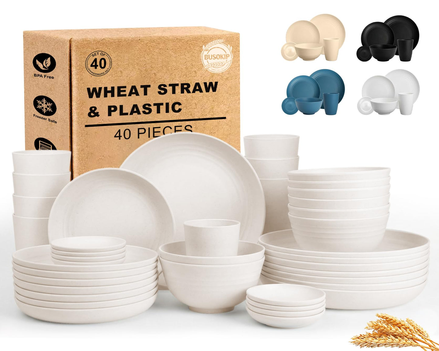 Wheat Straw Dinnerware Sets 40 Piece, Kitchen Plates and Bowls Set, Unbreakable Dishes Set for 8, Microwave and Dishwahser Safe Dishware Sets for Home, Camping, RV, Party - Multi
