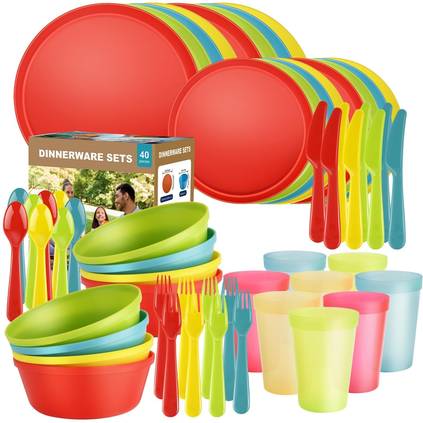 40 Piece Plastic Dinnerware Set for 8 with Cutlery, Unbreakable Plates and Bowls Set, Dishwasher & Microwave Safe Reusable Dish Set for Camping, RV, Outdoor Kitchen, Apartment Dining, Black