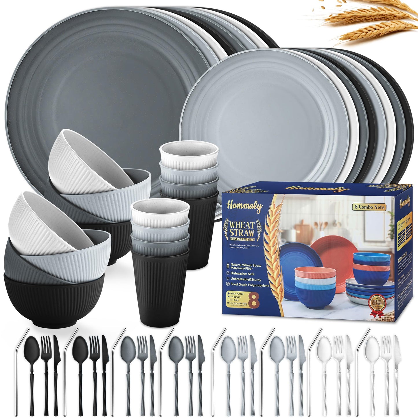 Wheat Straw Dinnerware Sets,64-Piece Black Plates and Bowls Sets for 8-Unbreakable,Reusable Plastic Dish Set-Dinner Plate/Dessert Plate/Cereal Bowl/Cup/Utensils-Microwavable Dishwasher Safe 64P-BLACK