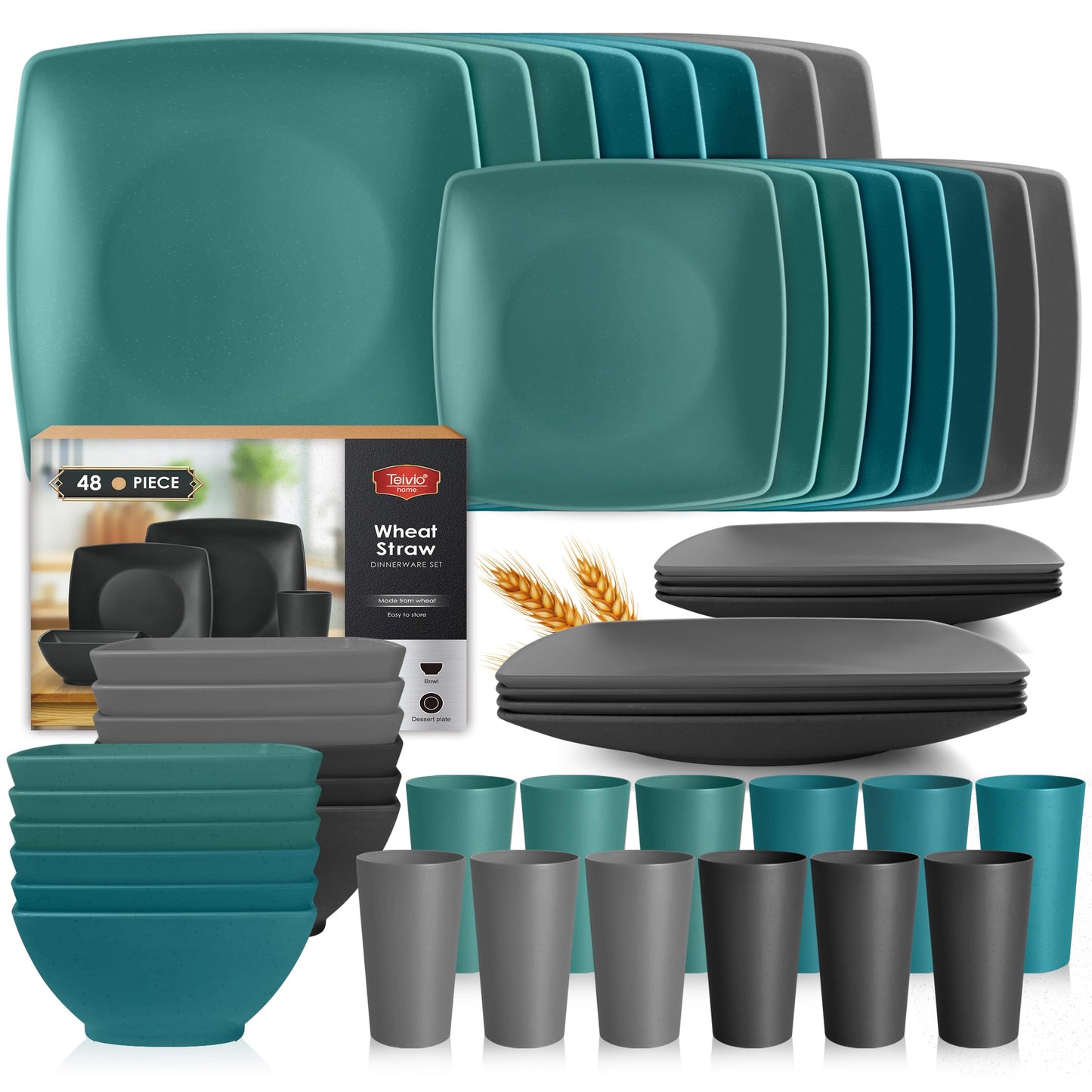 Teivio 48-piece Plastic Wheat Straw Square Dinnerware Set for 12, Unbreakable Dinner Plates, Salad Plates, Snack Bowls, Tumblers 13.5 oz, Dishwasher Safe Kitchen Outdoor Camping RV Dish, Black