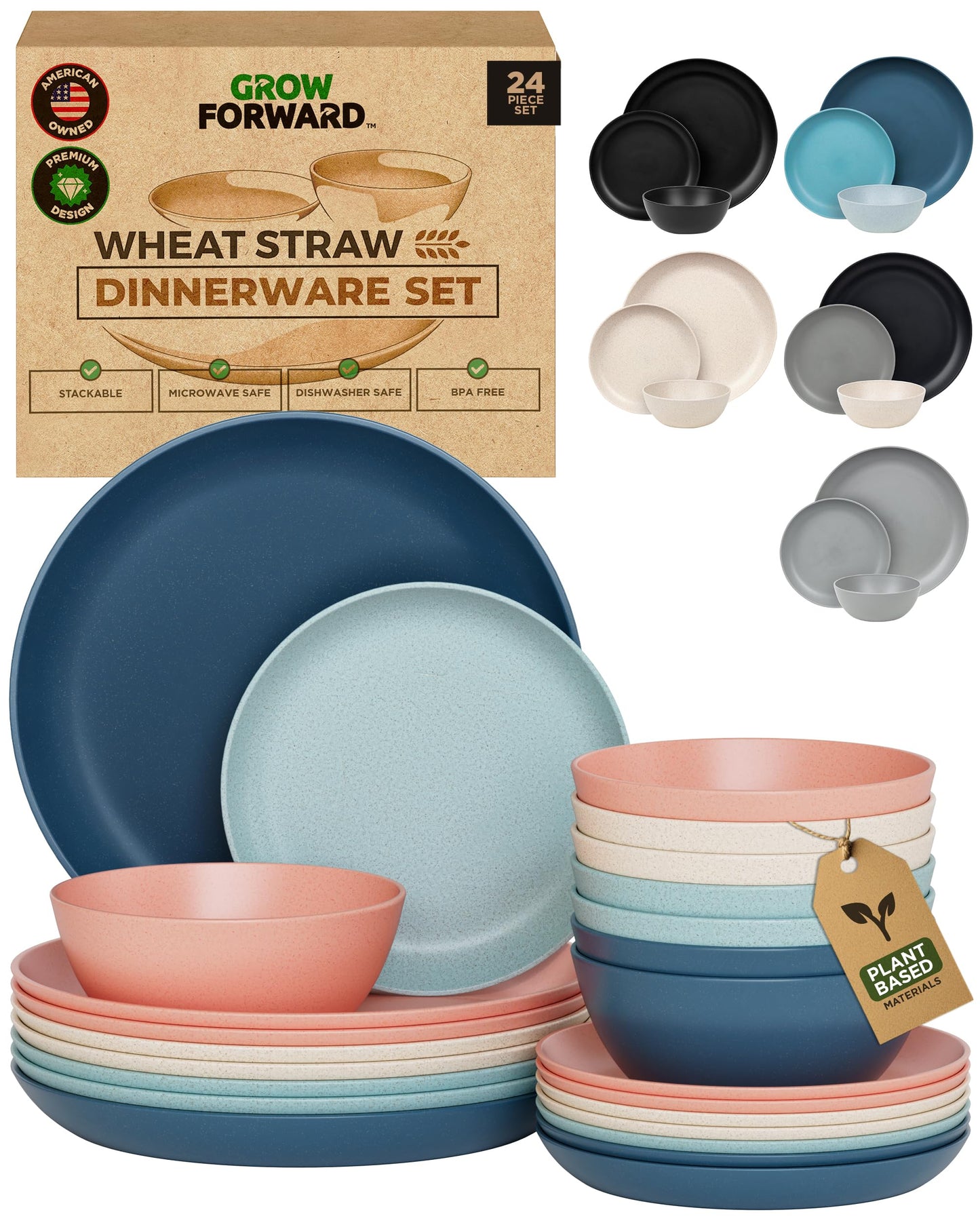 Grow Forward 24-piece Premium Wheat Straw Dinnerware Sets for 8 - Unbreakable Dishwasher & Microwave Safe Plastic Plates and Bowls Sets - Patio, Outdoors, RV, Camping Dishes - Sahara