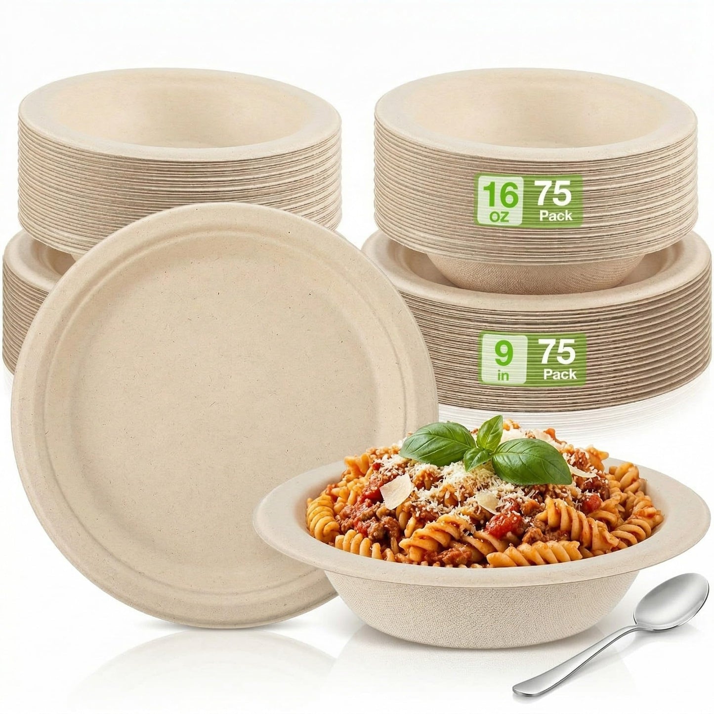 Havawish 150 Pcs Compostable Paper Plates and Bowls Set 7 Inch 9 Inch Disposable Plate 12oz Biodegradable Bowls for Party Dinner 50-person Bulk Party Supplies