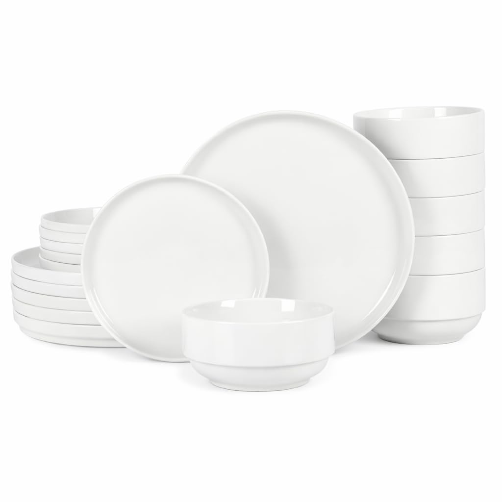 Gibson Home Zen Buffet White Porcelain Dinnerware Set for 4, Square Plates Bowls and Mugs, Chip and Scratch Resistant, Dishwasher and Microwave Safe, 16 Piece