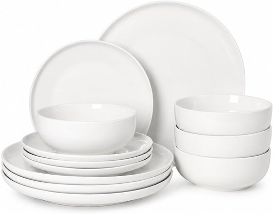 Gibson Home Havenstone 12-Piece Porcelain Dinnerware Set – Dinner Plates, Salad Plates & Bowls, Classic White Everyday Dish Set for Home, Kitchen, Microwave & Dishwasher Safe