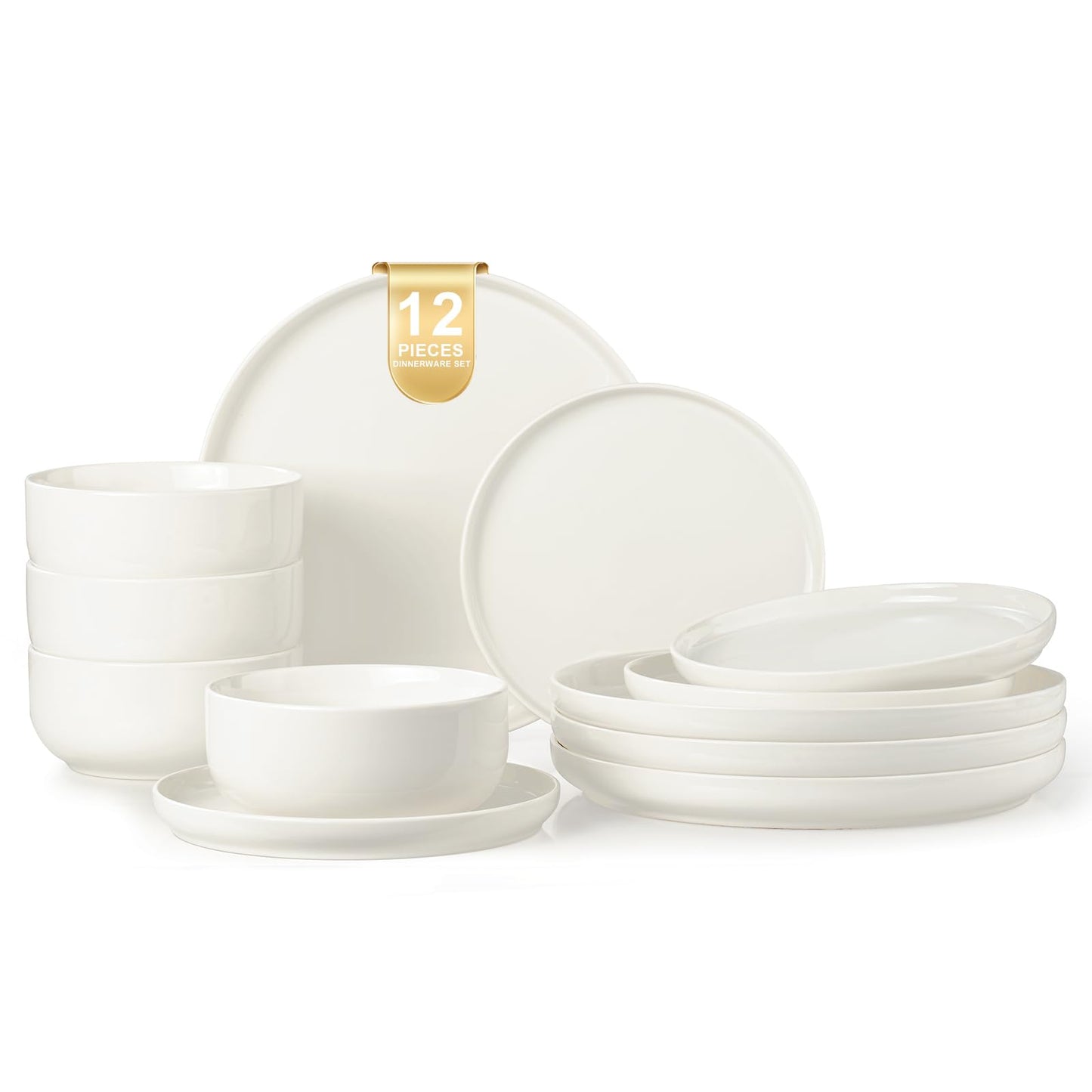 EWFEN Plates and Bowls Sets, 12 Pieces Ceramic Dinnerware Set for 4, Stoneware Dishware Dishes Set, Scratch Resistant Dishes Set, Dishwasher & Microwave Safe, Black