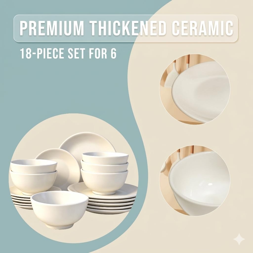 Lumina Porcelain| 18-Piece Fine Porcelain Dinnerware Set, Service for 6 - Professional White Plates & Bowls, Microwave/Oven Safe, Heavy Duty Kitchen Essentials
