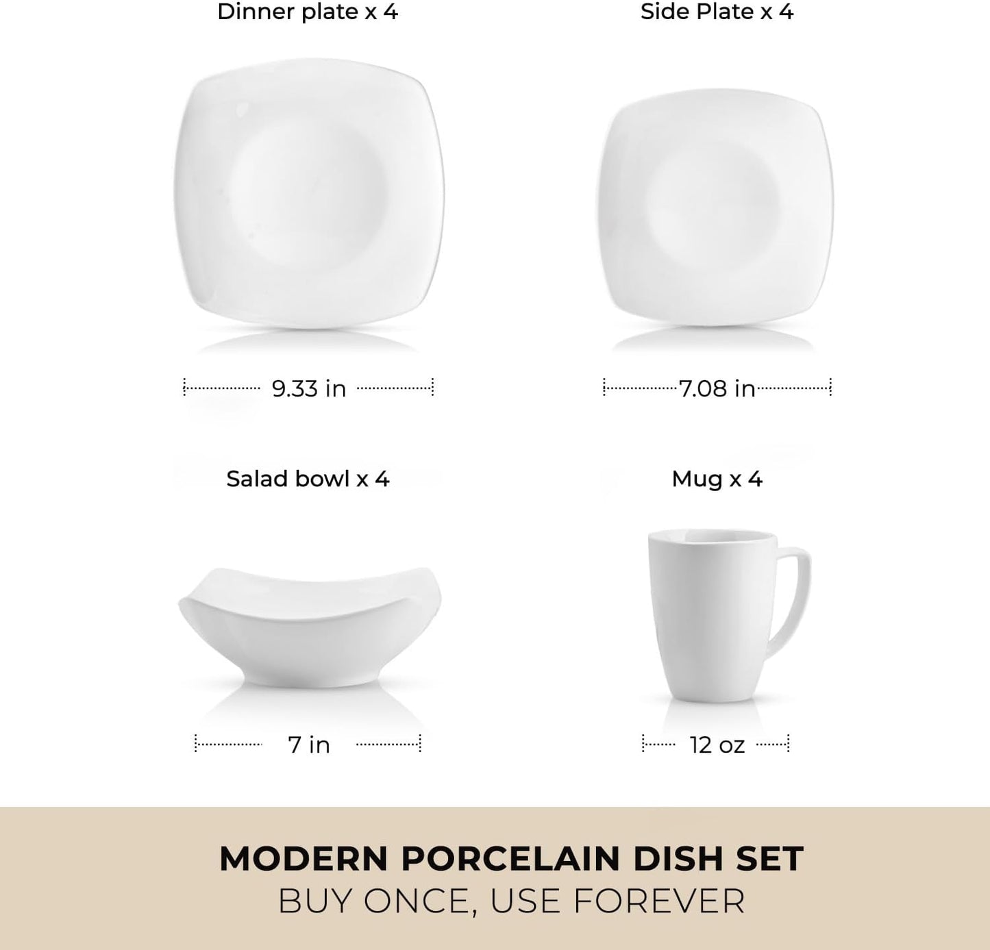 Zulay Kitchen Luna Plates and Bowls Sets, 16 Piece Modern Porcelain Dish Set for 4, Chip and Scratch Resistant Square Dinnerware Set, Microwave and Dishwasher Safe, Pearl White
