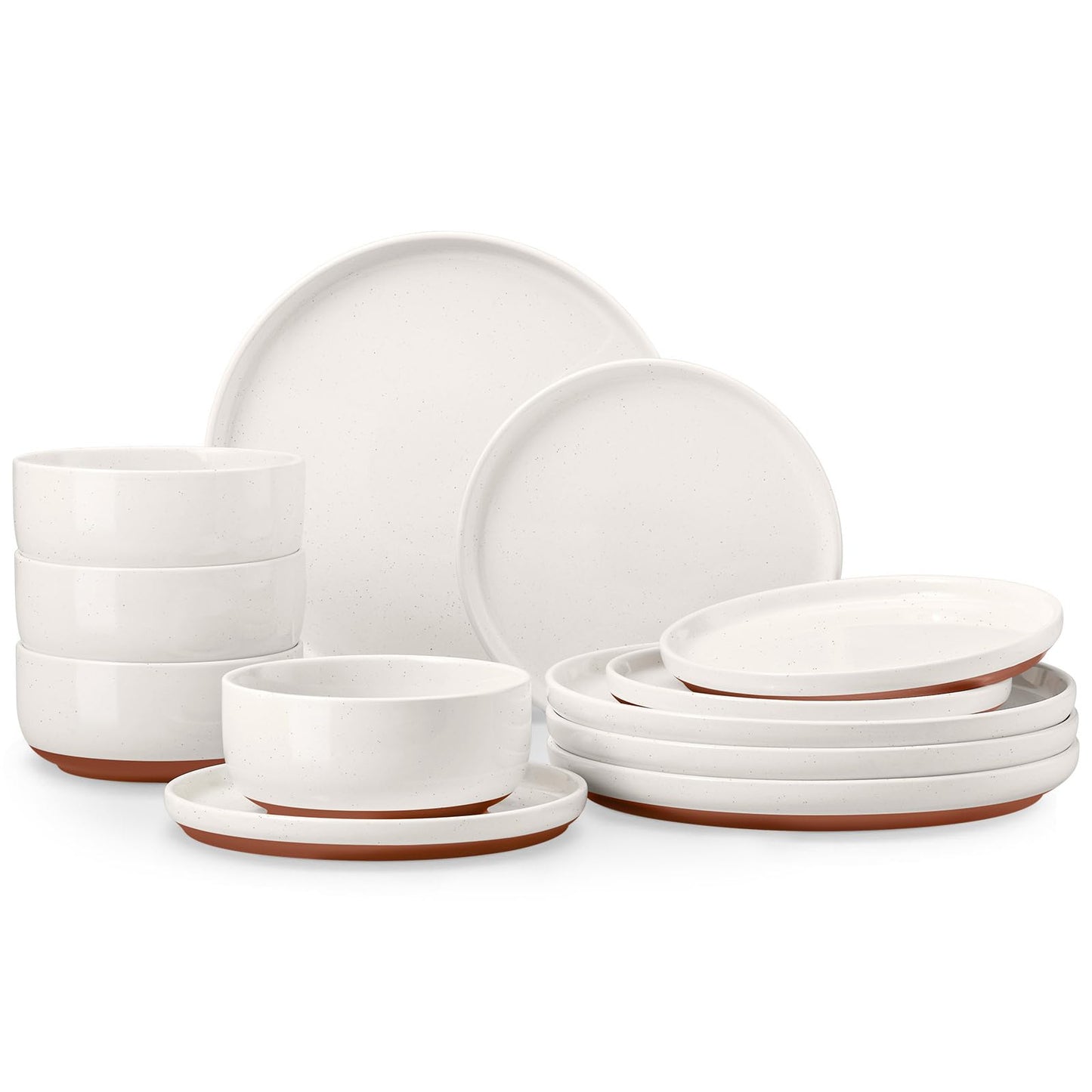 E-far 12-Piece Stoneware Dinnerware Sets, Plates and Bowls Sets for 4, Ceramic Dishware Dishes Set with Terracotta Base, Chip & Scratch Resistant, Microwave & Dishwasher Safe, Speckled White