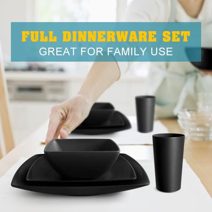 Teivio 48-piece Plastic Wheat Straw Square Dinnerware Set for 12, Unbreakable Dinner Plates, Salad Plates, Snack Bowls, Tumblers 13.5 oz, Dishwasher Safe Kitchen Outdoor Camping RV Dish, Black