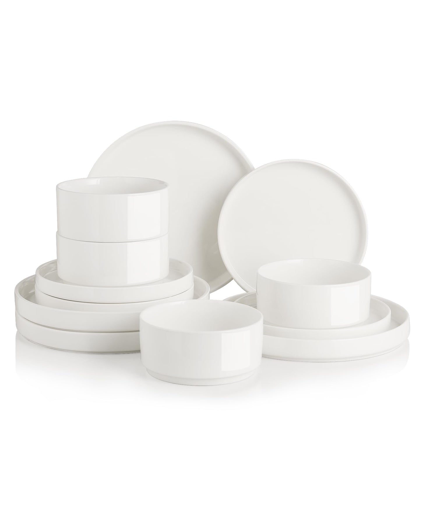 Sweejar Porcelain Dinnerware Sets for 4, 12 Pieces Ceramic Plates and Bowls Set, Classic Modern Simple Kitchen Dinner Dining Ware Set, Dishwasher and Microwave Safe Dishes Sets(Pure White)