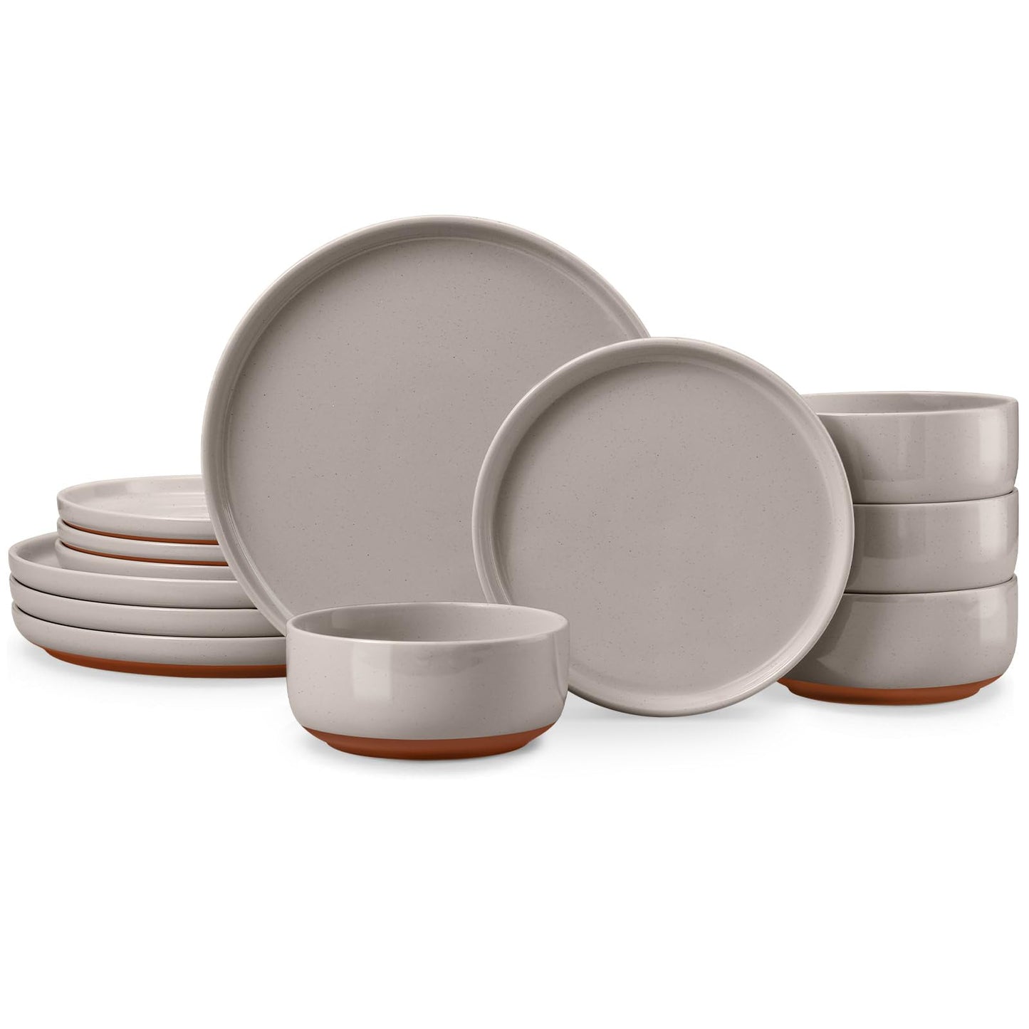 E-far 12-Piece Stoneware Dinnerware Sets, Plates and Bowls Sets for 4, Ceramic Dishware Dishes Set with Terracotta Base, Chip & Scratch Resistant, Microwave & Dishwasher Safe, Speckled White