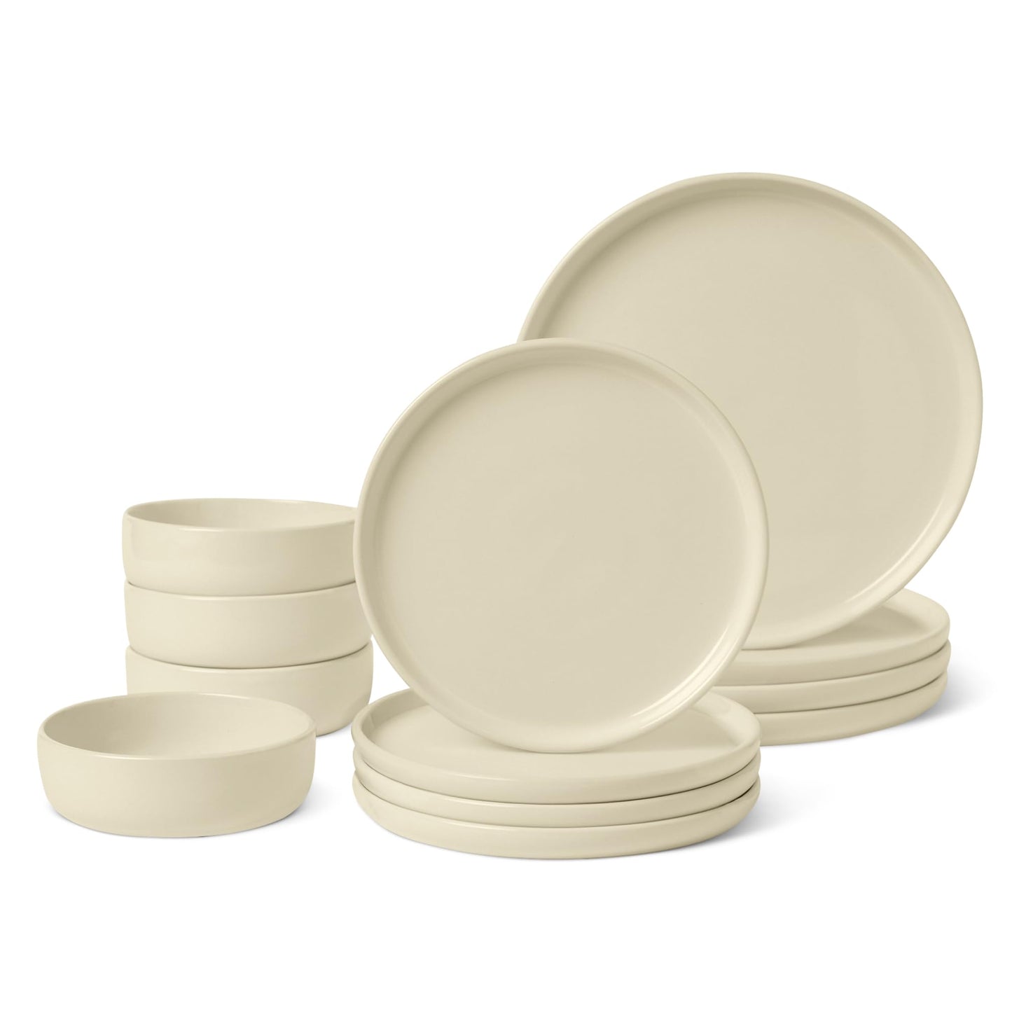 Amazon Basics Glazed Stoneware Dinnerware Set, Ceramic, Dishwasher-Safe, Freezer-Safe, 4 Full Place Settings, 12-Piece, Ivory
