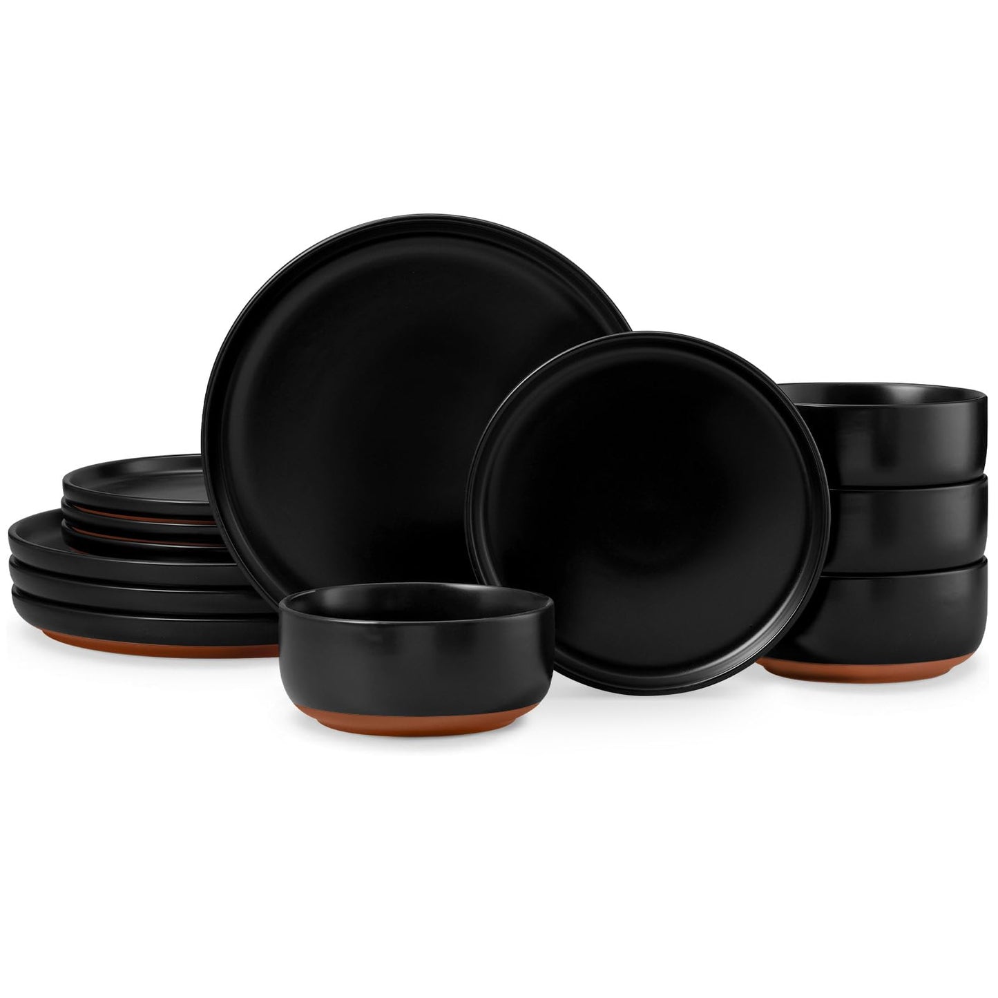 E-far 12-Piece Stoneware Dinnerware Sets, Plates and Bowls Sets for 4, Ceramic Dishware Dishes Set with Terracotta Base, Chip & Scratch Resistant, Microwave & Dishwasher Safe, Speckled White