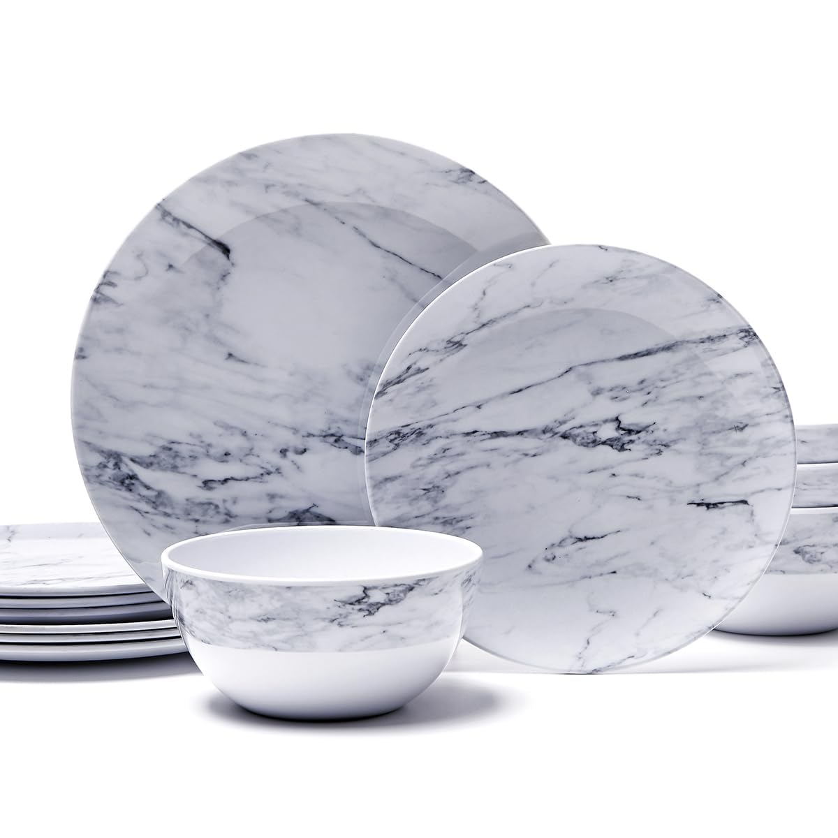 TP 12-Piece Melamine Dinnerware Sets, Plates and Bowls Dishes Set for 4, Break-Resistant & Non-Microwavable, Lightweight Dinner Plates, Wood Grain