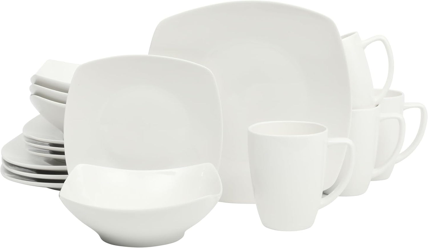 Gibson Home Zen Buffet White Porcelain Dinnerware Set for 4, Square Plates Bowls and Mugs, Chip and Scratch Resistant, Dishwasher and Microwave Safe, 16 Piece