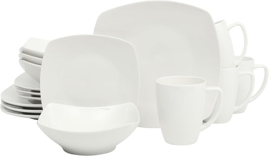 Gibson Home Zen Buffet White Porcelain Dinnerware Set for 4, Square Plates Bowls and Mugs, Chip and Scratch Resistant, Dishwasher and Microwave Safe, 16 Piece