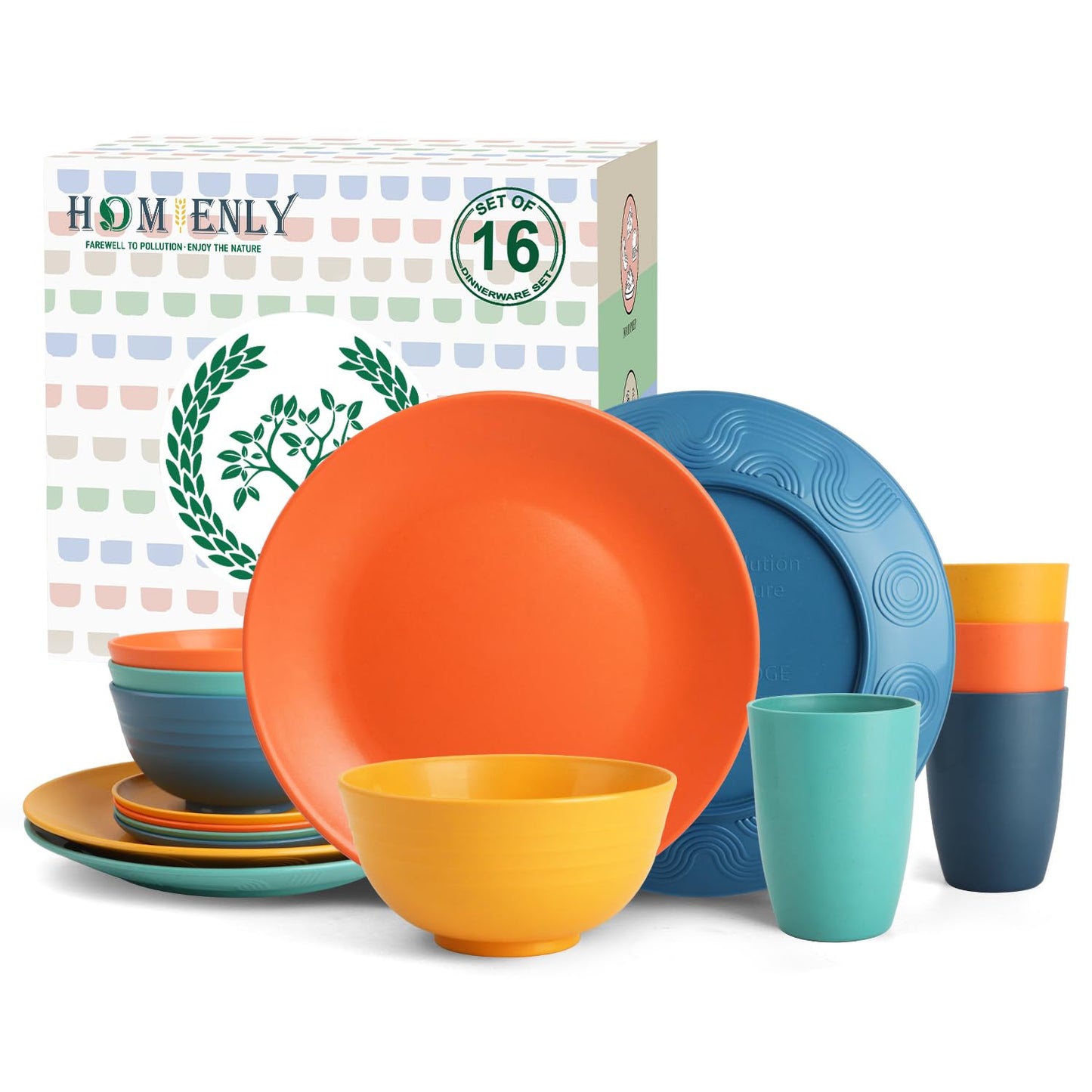 Homienly 40-Piece Premium Wheat Straw Dinnerware Sets, Service for 8, Unbreakable Plates and Bowls Set - Cups Sets, Dinner Plates, Bowls for Kitchen,Dishwasher and Microwave Safe Dishes Set - Multi