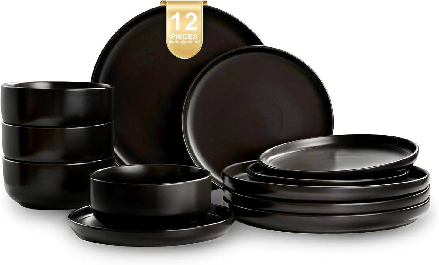 EWFEN Plates and Bowls Sets, 12 Pieces Ceramic Dinnerware Set for 4, Stoneware Dishware Dishes Set, Scratch Resistant Dishes Set, Dishwasher & Microwave Safe, Black