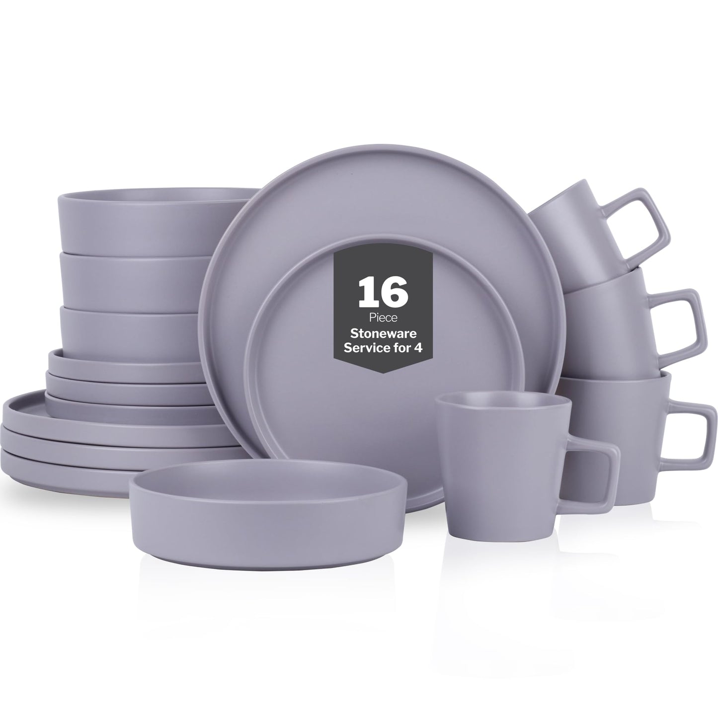 Stone Lain Celina Stoneware 16 Piece Dinnerware Set, Plates and Bowls, Black Matte Dish, Service for 4 – Minimalist Round Style, Microwave & Dishwasher Safe