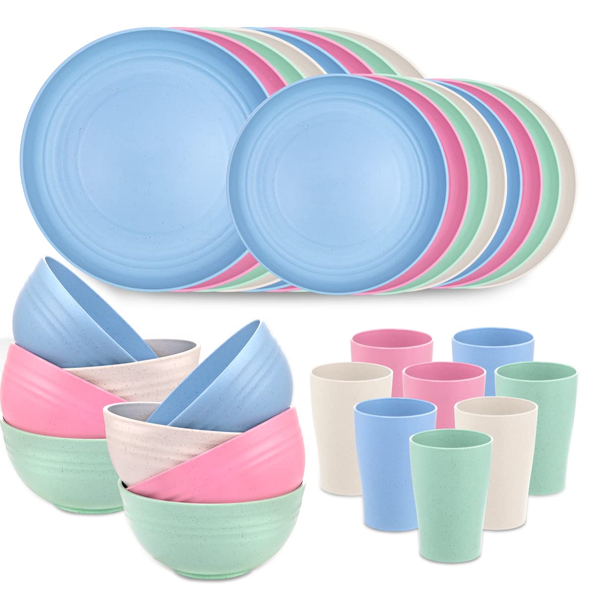 Supernal 32pcs Wheat Straw Dinnerware Sets,Plates and Bowls Sets,Reusable Plastic Plate,Microwave Dishwasher Safe,Plastic Dinnerware Set,Four Color Set 16pcs Plates,8pcs Bowls,8pcs Cups