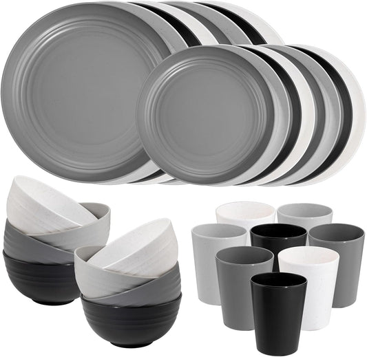 Supernal 32pcs Wheat Straw Dinnerware Sets,Plates and Bowls Sets,Reusable Plastic Plate,Microwave Dishwasher Safe,Plastic Dinnerware Set,Four Color Set 16pcs Plates,8pcs Bowls,8pcs Cups