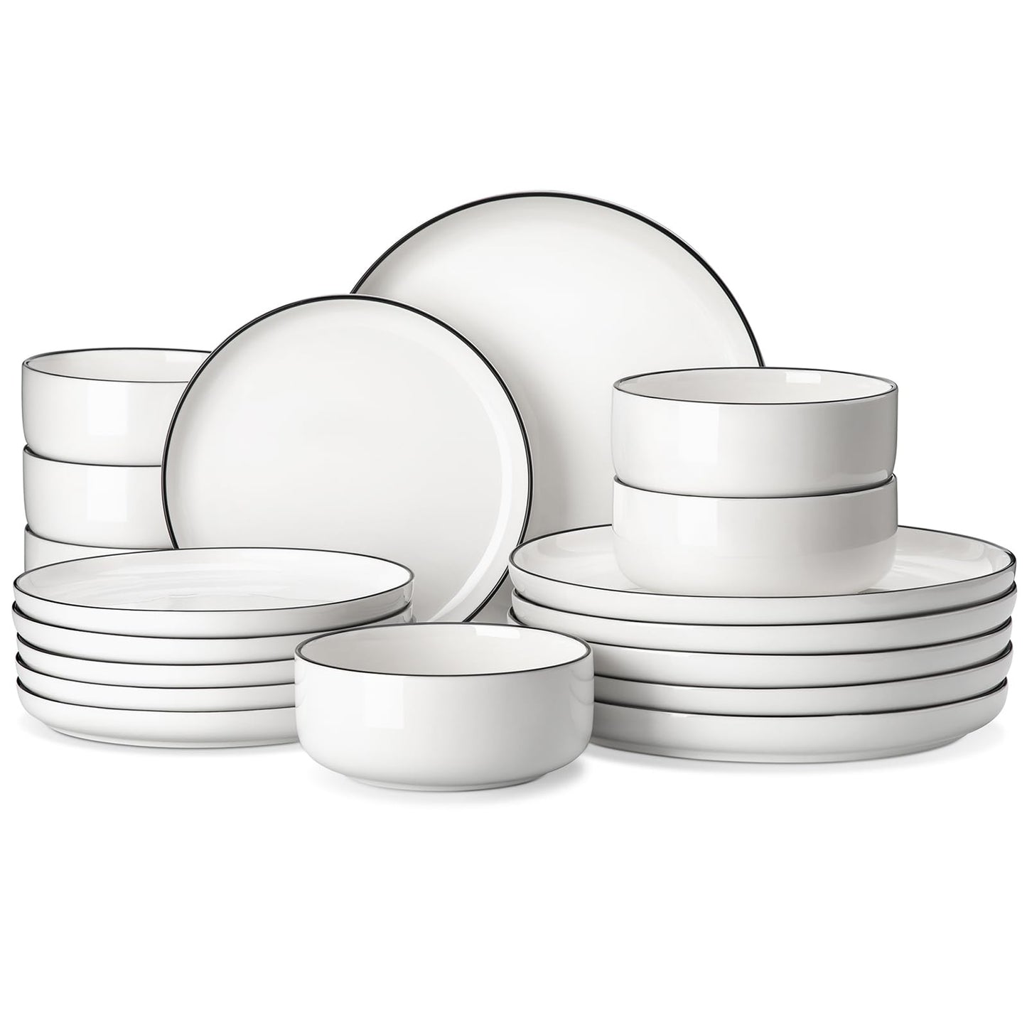 MALACASA Plates and Bowls Sets, 12 Pieces Modern Porcelain Dinnerware Set for 4 White Kitchen Dinner Dining Ware Set wtih Black Rim Ceramic Dishware Dishes Microwave and Dishwasher Safe, Series LUNA