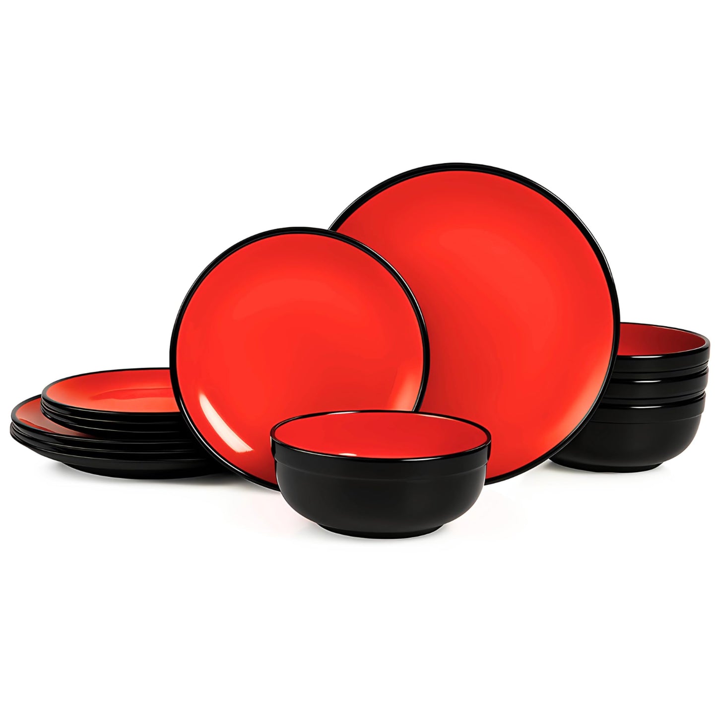 TP 12-Piece Melamine Dinnerware Sets, Plates and Bowls Dishes Set for 4, Break-Resistant & Non-Microwavable, Lightweight Dinner Plates, Wood Grain