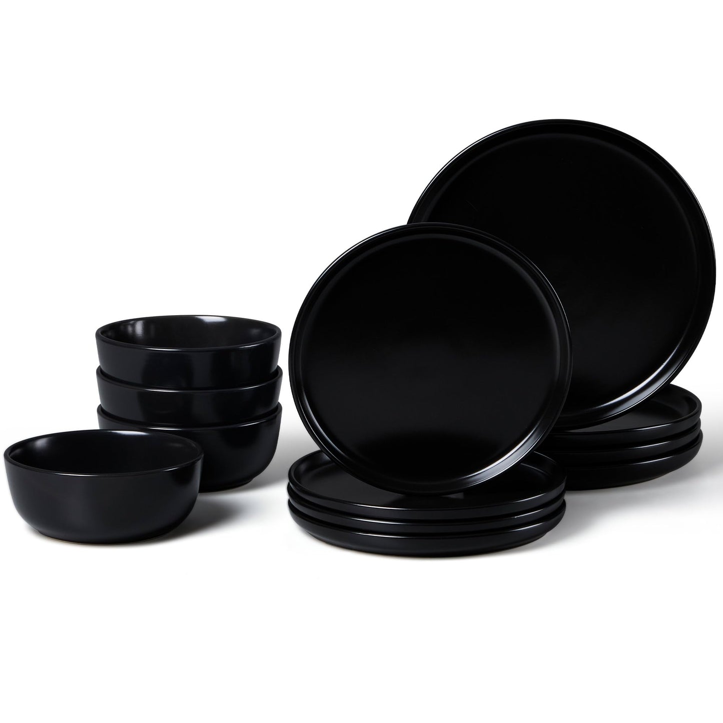 LIANYU 12 Piece Porcelain Dinnerware Sets for 4, Ceramic Durable Plates and Bowls, Chip and Scratch Resistant Dishware Dishes Set, Dishwasher & Microwave Safe Stoneware Set, Black Onyx