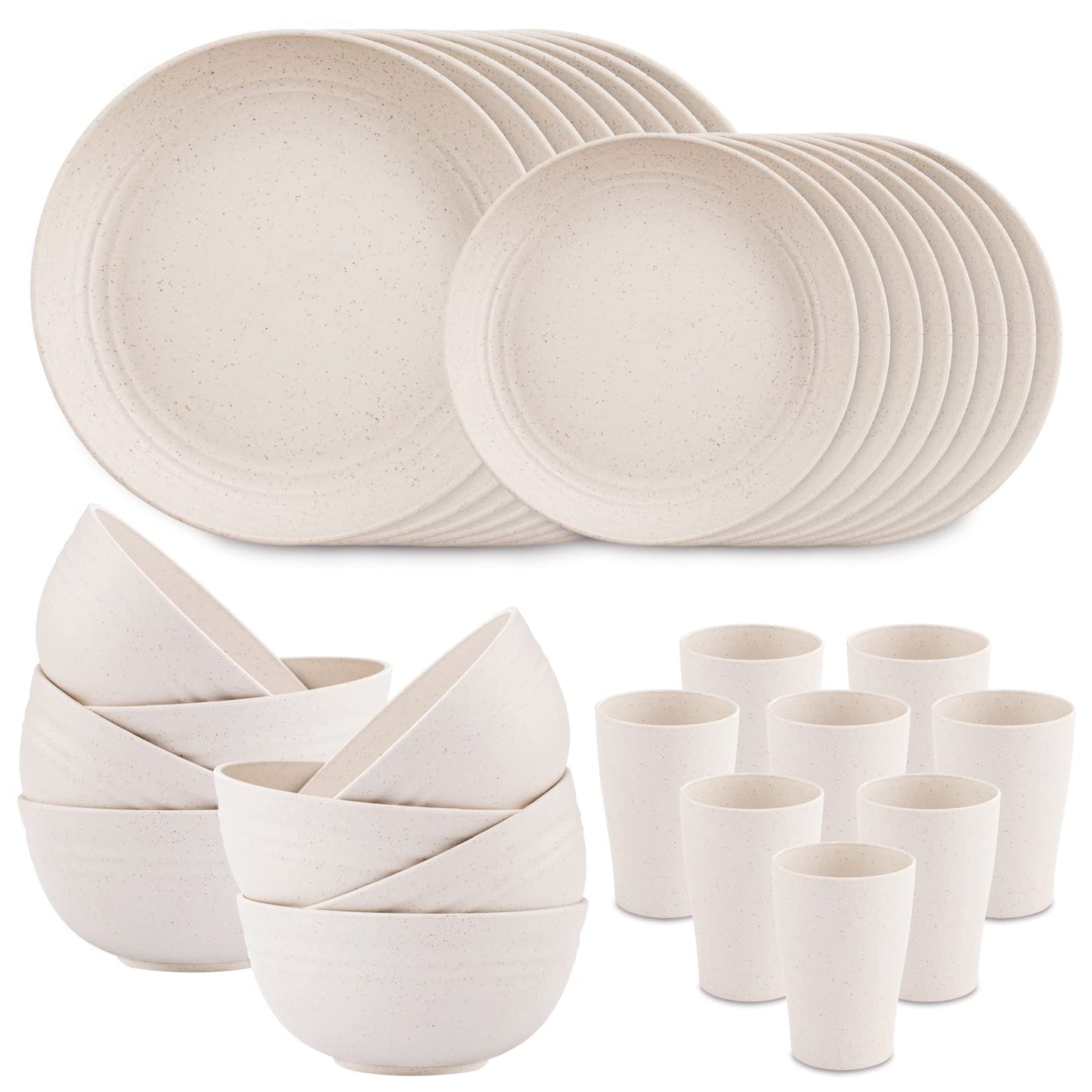 Supernal 32pcs Wheat Straw Dinnerware Sets,Plates and Bowls Sets,Reusable Plastic Plate,Microwave Dishwasher Safe,Plastic Dinnerware Set,Four Color Set 16pcs Plates,8pcs Bowls,8pcs Cups