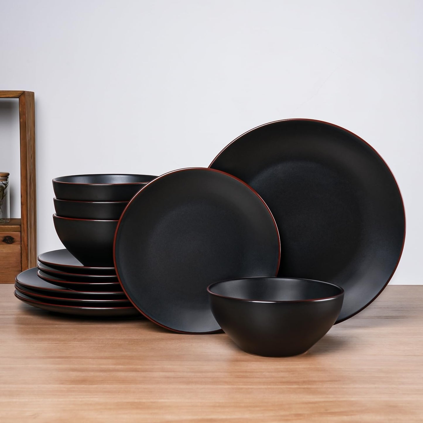 Famiware Venus Plates and Bowls Sets with Trim, 12 Pieces Speckled Stoneware Dishes Dinnerware Set for 4, Matte Dark Gray - Microwave & Dishwasher Safe, Modern Minimalist, Everyday & Formal Dining