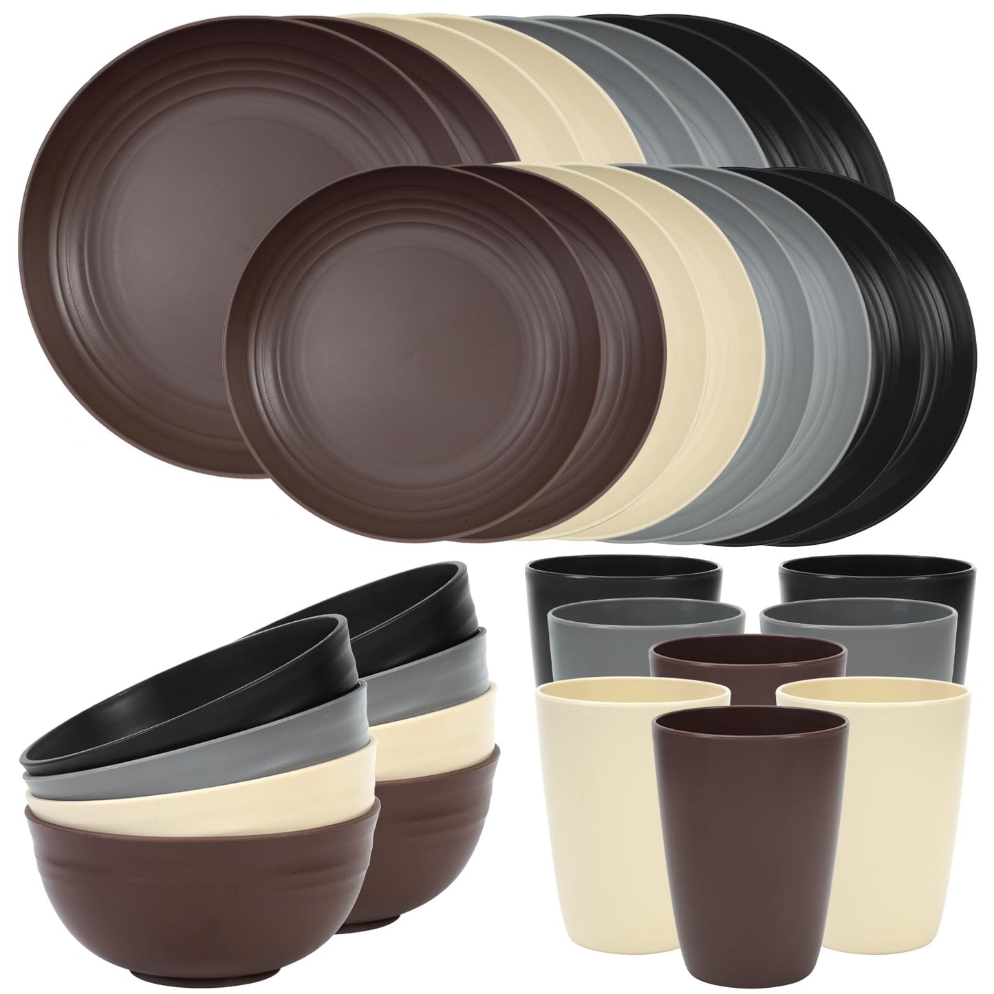 Quatish 32 Piece Plates and Bowls Sets for 8, Unbreakable Dinnerware Sets, Dish Set for Camping, Dishwasher Microwave Safe, Outdoor Kitchen and Apartment Dinning RV Essentials, Black