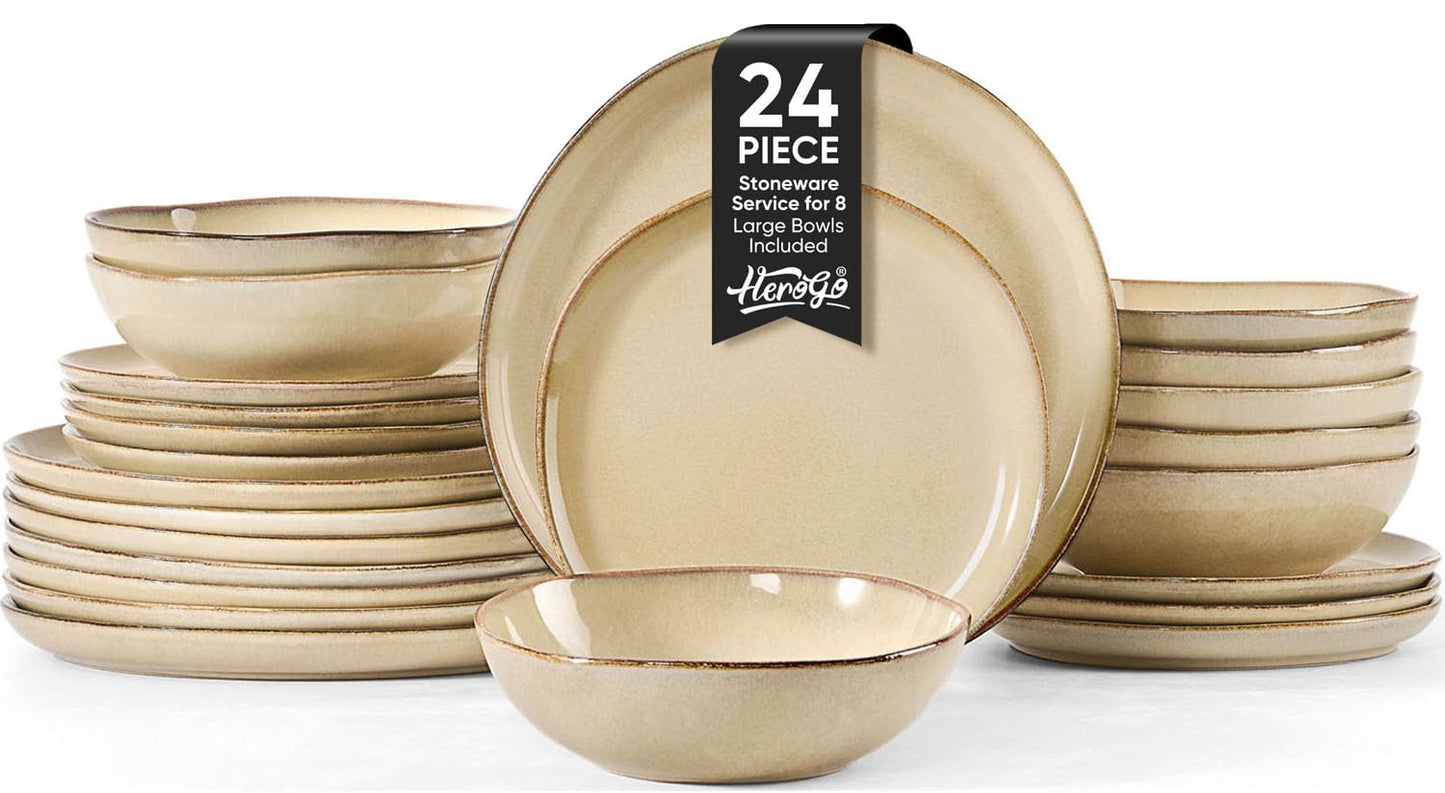Herogo 12pcs Stoneware Dinnerware Sets for 4, Irregular Handmade Dinner Plates and Bowls, Kitchen Dining Dish Dishware Set, Microwave & Dishwasher Safe, Cream Khaki