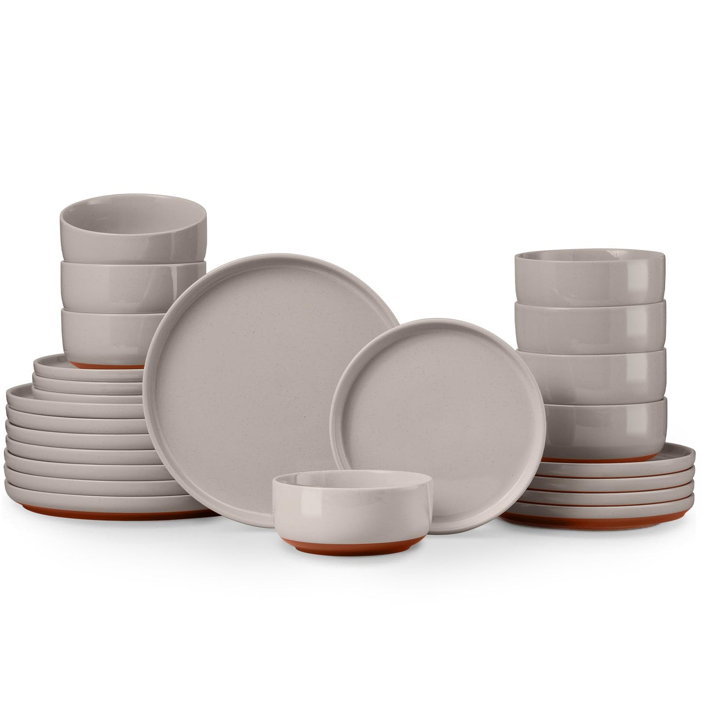 E-far 12-Piece Stoneware Dinnerware Sets, Plates and Bowls Sets for 4, Ceramic Dishware Dishes Set with Terracotta Base, Chip & Scratch Resistant, Microwave & Dishwasher Safe, Speckled White