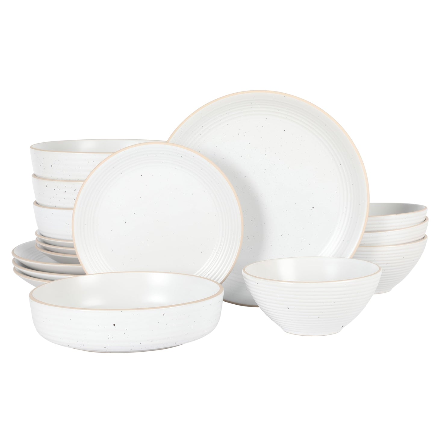 Gibson Home Cloudlight 12 Piece Plates and Bowls Dishes Brown and White - Decorated Porcelain Ceramic Dinnerware Set - Service for 4