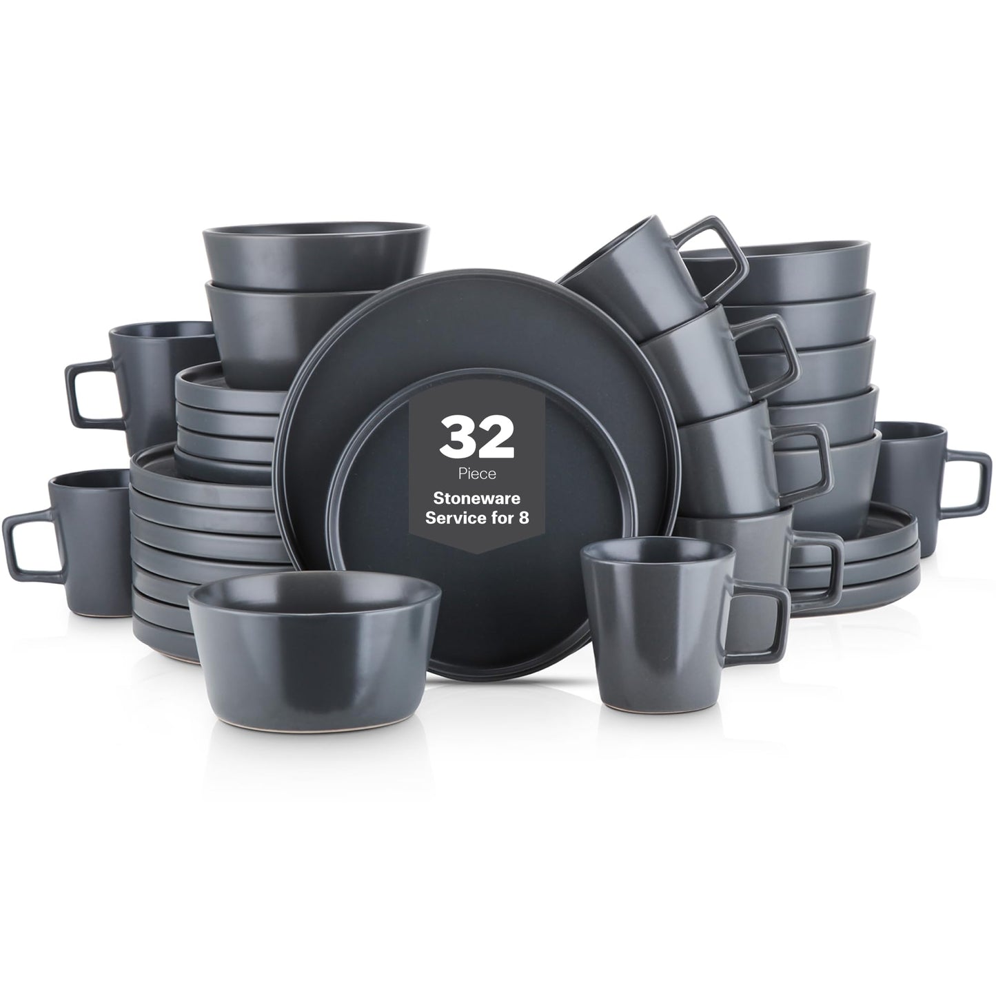 Stone Lain Celina Stoneware 16 Piece Dinnerware Set, Plates and Bowls, Black Matte Dish, Service for 4 – Minimalist Round Style, Microwave & Dishwasher Safe