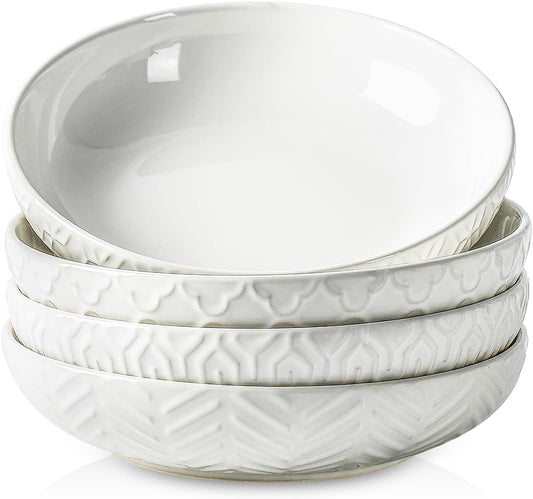Sureasy Pasta Bowls Set of 4, 30oz Large Ceramic Embossed Bowl Plates, 8.5 Inch Wide and Shallow Plate Bowls, Salad Bowl, Microwave, Oven & Dishwasher Safe, White