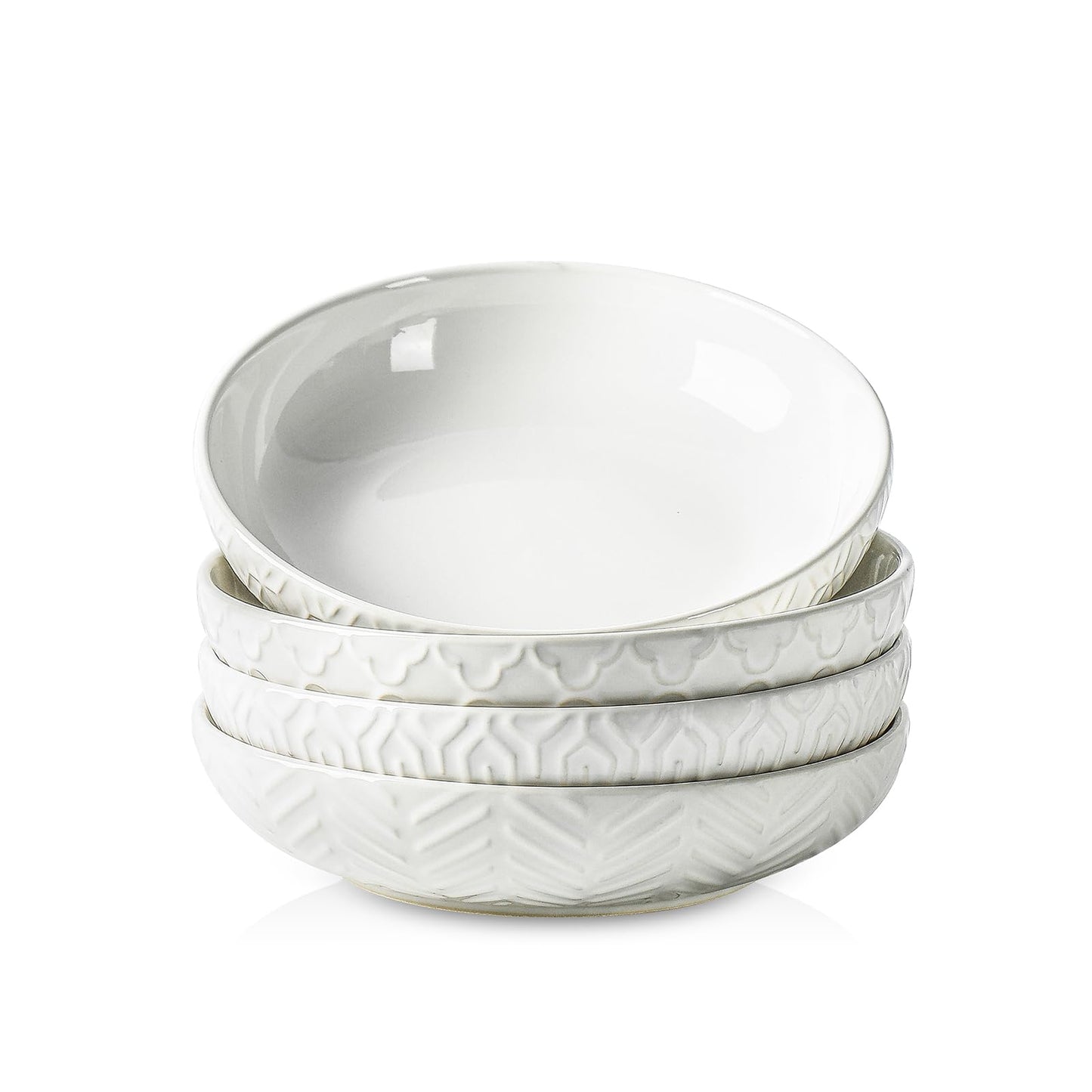 Sureasy Pasta Bowls Set of 4, 30oz Large Ceramic Embossed Bowl Plates, 8.5 Inch Wide and Shallow Plate Bowls, Salad Bowl, Microwave, Oven & Dishwasher Safe, White