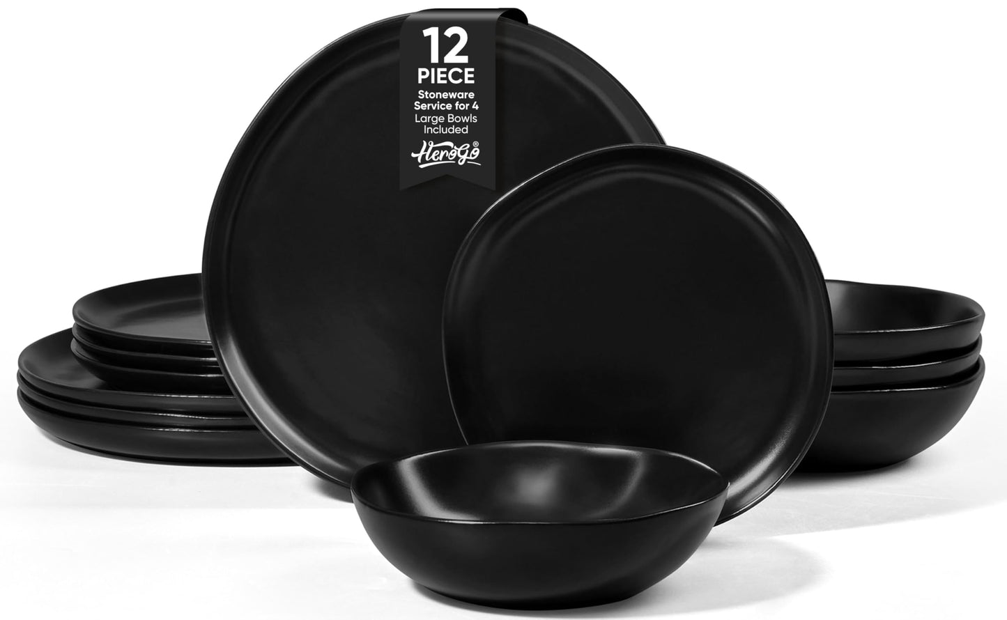 Herogo 12pcs Stoneware Dinnerware Sets for 4, Irregular Handmade Dinner Plates and Bowls, Kitchen Dining Dish Dishware Set, Microwave & Dishwasher Safe, Cream Khaki