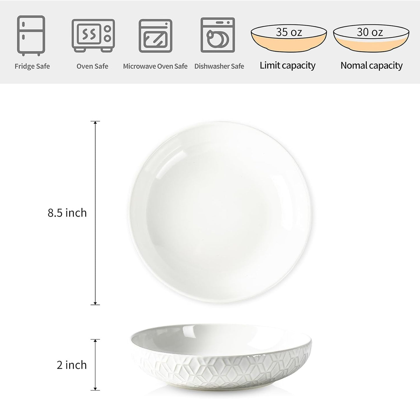 Sureasy Pasta Bowls Set of 4, 30oz Large Ceramic Embossed Bowl Plates, 8.5 Inch Wide and Shallow Plate Bowls, Salad Bowl, Microwave, Oven & Dishwasher Safe, White
