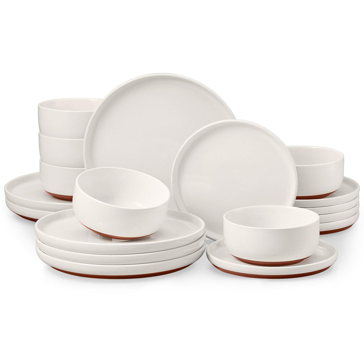 E-far 12-Piece Stoneware Dinnerware Sets, Plates and Bowls Sets for 4, Ceramic Dishware Dishes Set with Terracotta Base, Chip & Scratch Resistant, Microwave & Dishwasher Safe, Speckled White