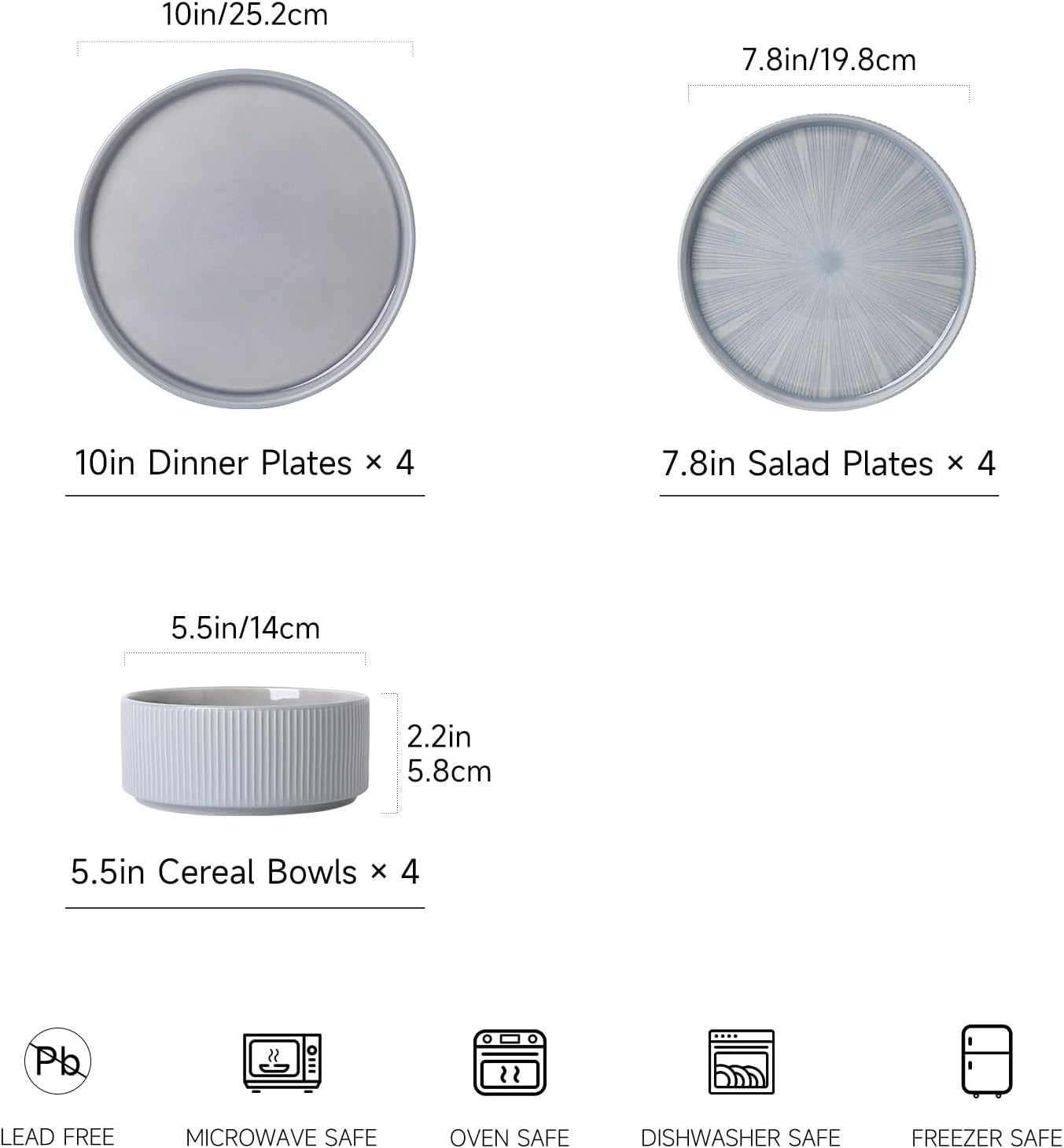 Dinnerware Sets for 4, Ceramic Plates and Bowls Set 12 Piece Dinnerware Chip Resistant Stoneware with Advanced Inkjet Printing Technology, Dishwasher and Microwave Safe-Dusty Blue